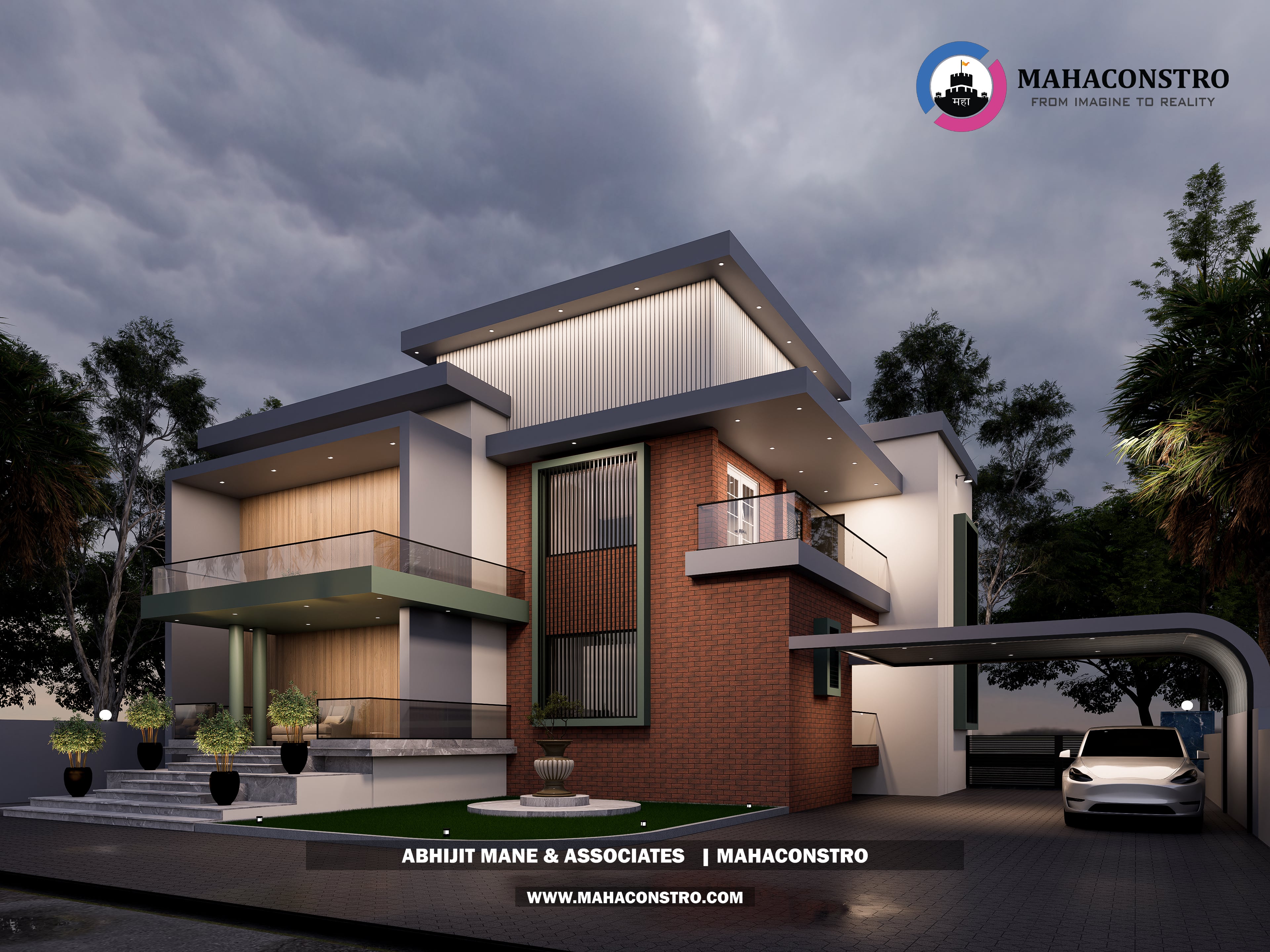 Contemporary luxury bungalow with brick detailing, wood-textured finishes, and a covered car porch in Kandar, Solapur, designed by Mahaconstro Architects