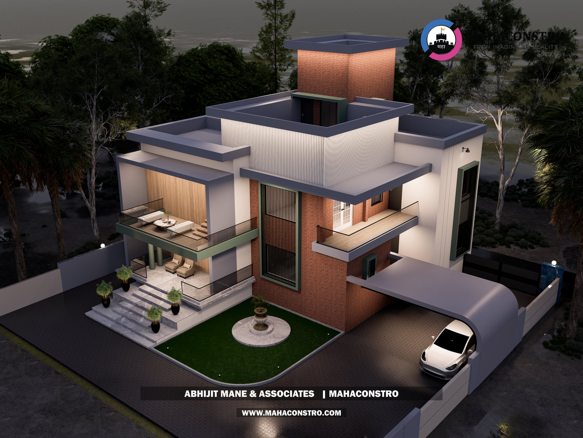 Contemporary luxury bungalow with brick detailing, wood-textured finishes, and a covered car porch in Kandar, Solapur, designed by Mahaconstro Architects.