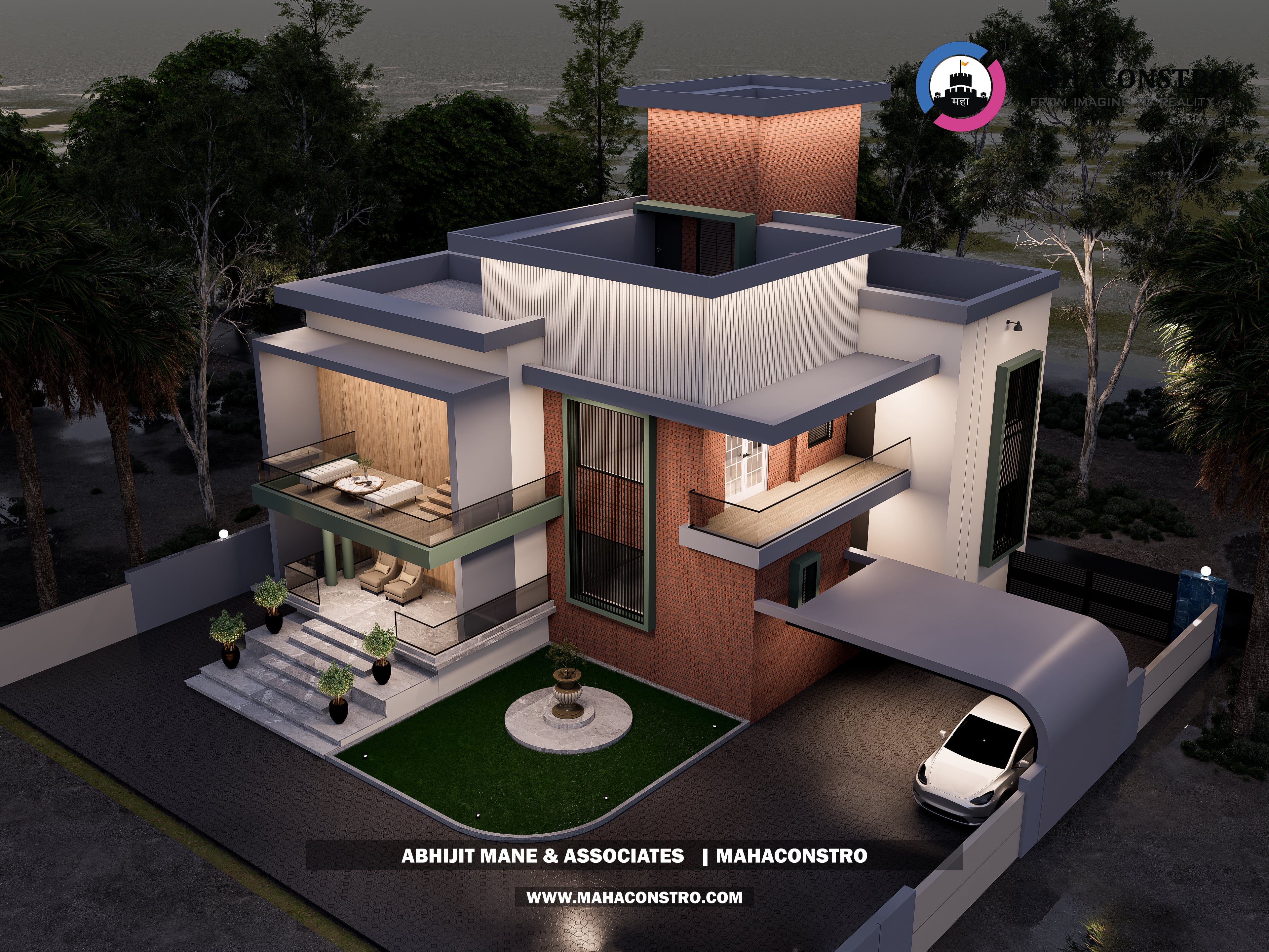 Contemporary luxury bungalow with brick detailing, wood-textured finishes, and a covered car porch in Kandar, Solapur, designed by Mahaconstro Architects