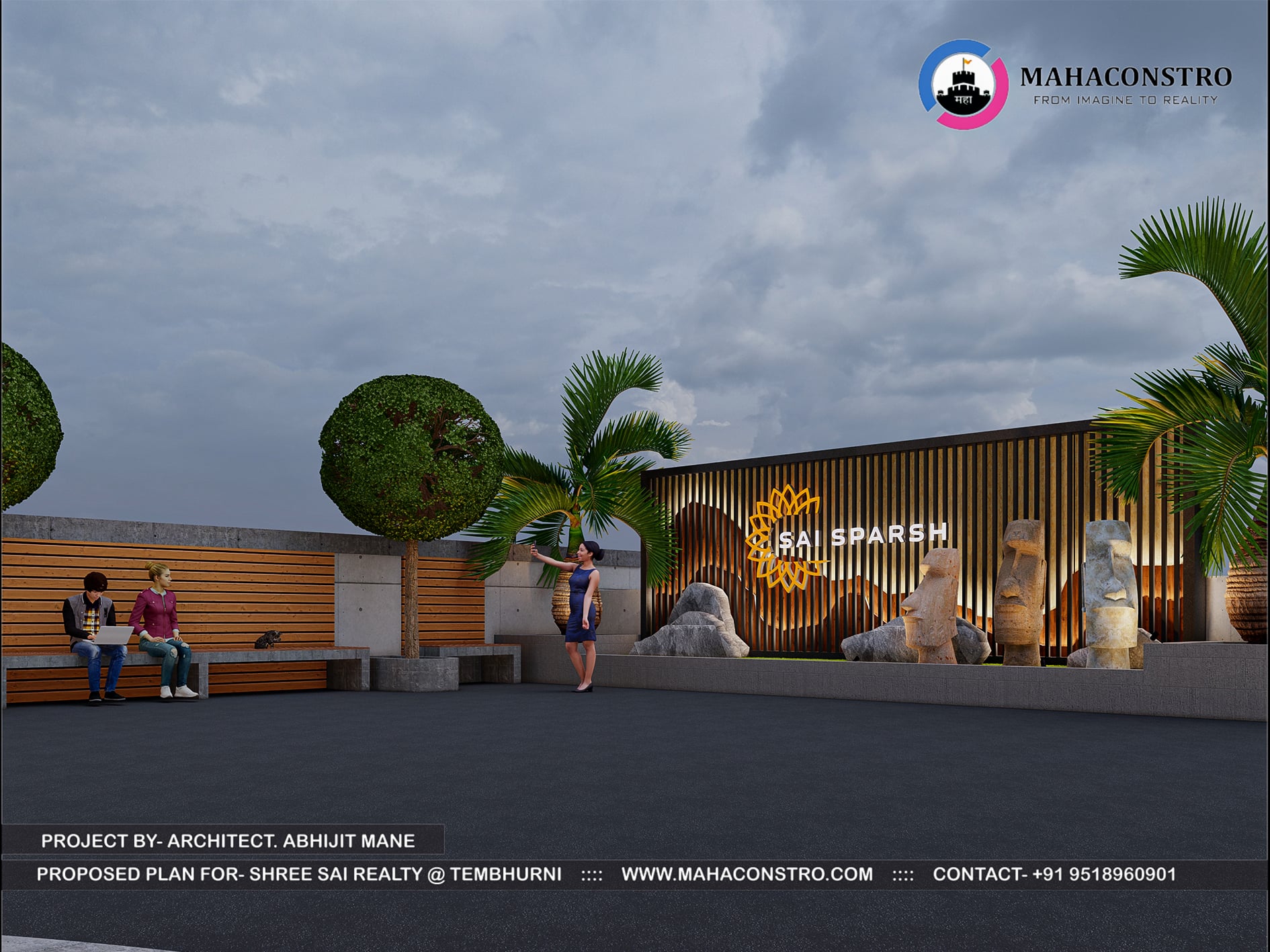 Modern luxury plotting entrance gateway at Sai Sparsh in Tembhurni, Solapur, featuring a contemporary canopy and stone-clad entrance structure designed by Mahaconstro Architects