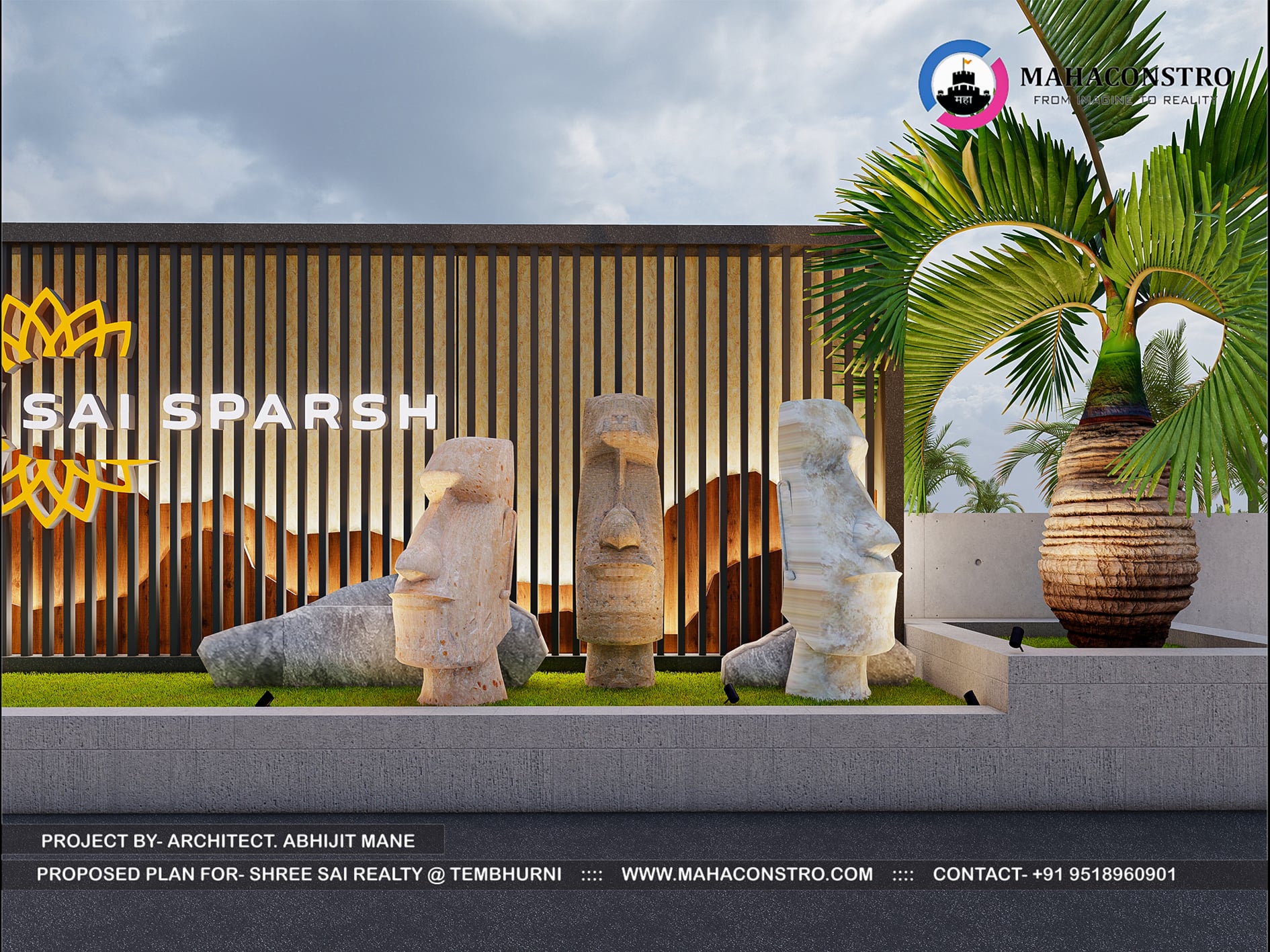 Modern luxury plotting entrance gateway at Sai Sparsh in Tembhurni, Solapur, featuring a contemporary canopy and stone-clad entrance structure designed by Mahaconstro Architects