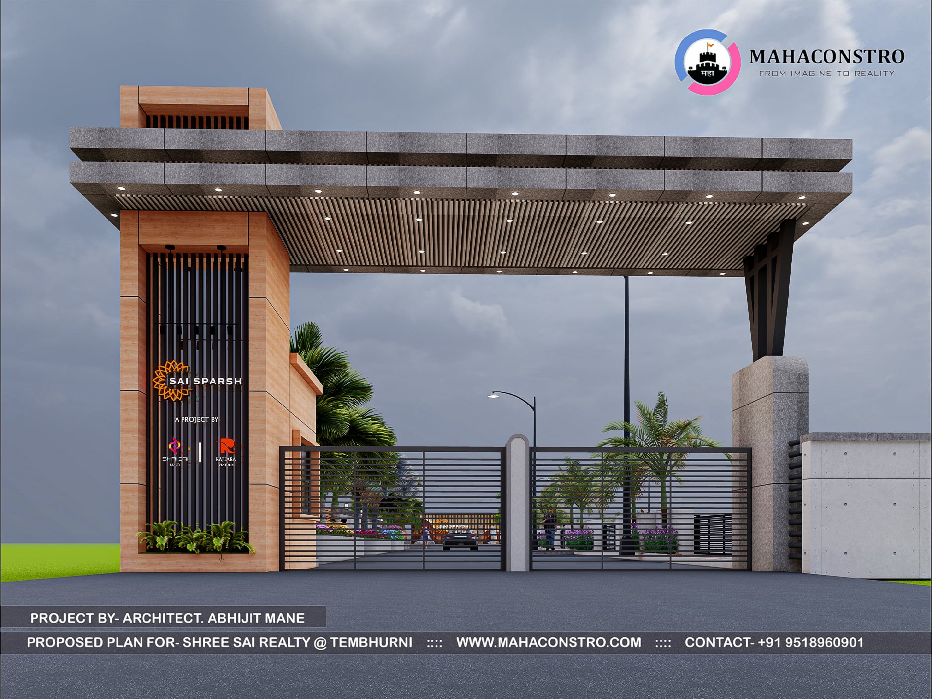 Modern luxury plotting entrance gateway at Sai Sparsh in Tembhurni, Solapur, featuring a contemporary canopy and stone-clad entrance structure designed by Mahaconstro Architects