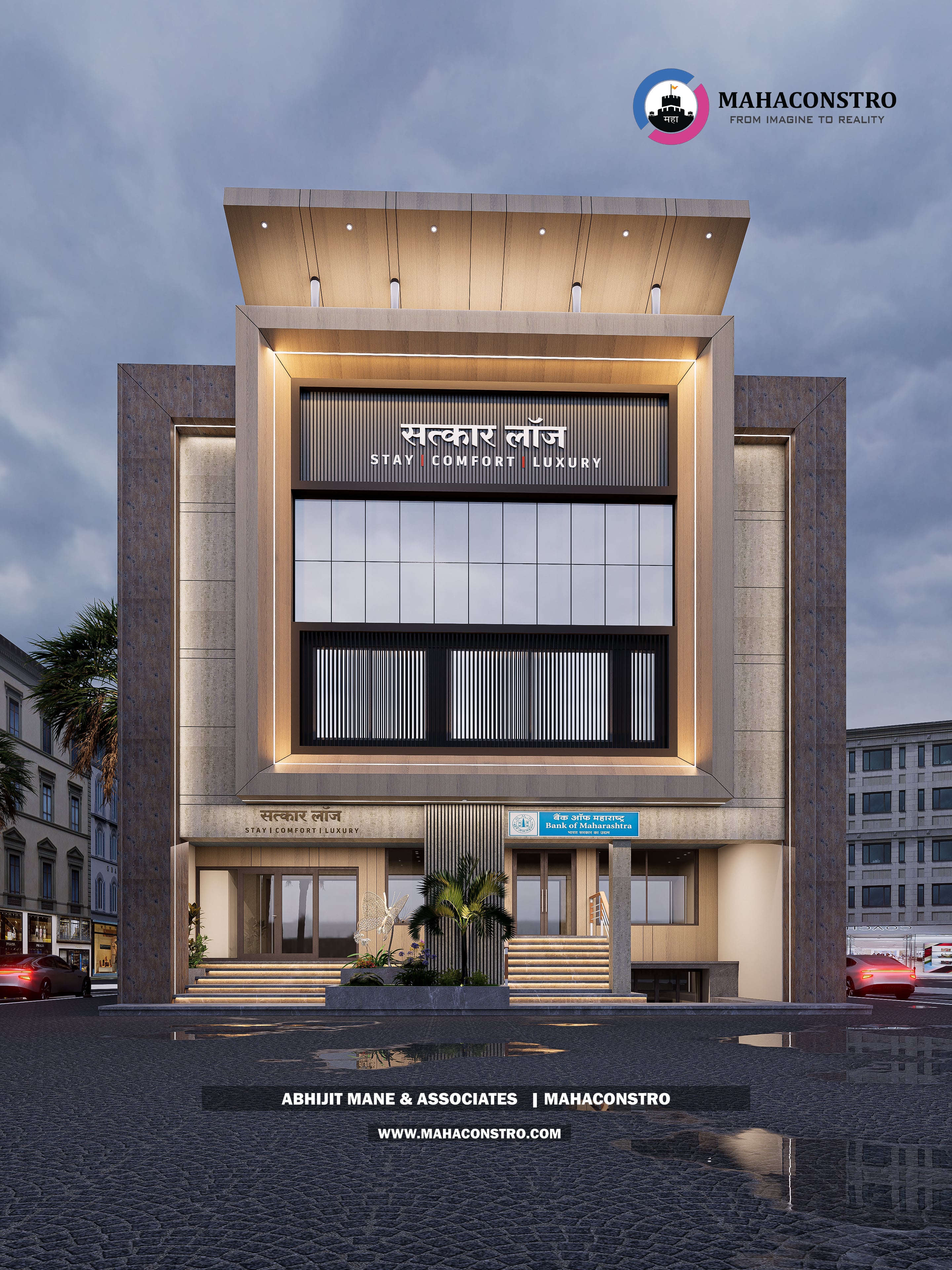 Contemporary luxury lodge architecture at Satkar Lodge in Tembhurni, Solapur, designed by Mahaconstro Architects