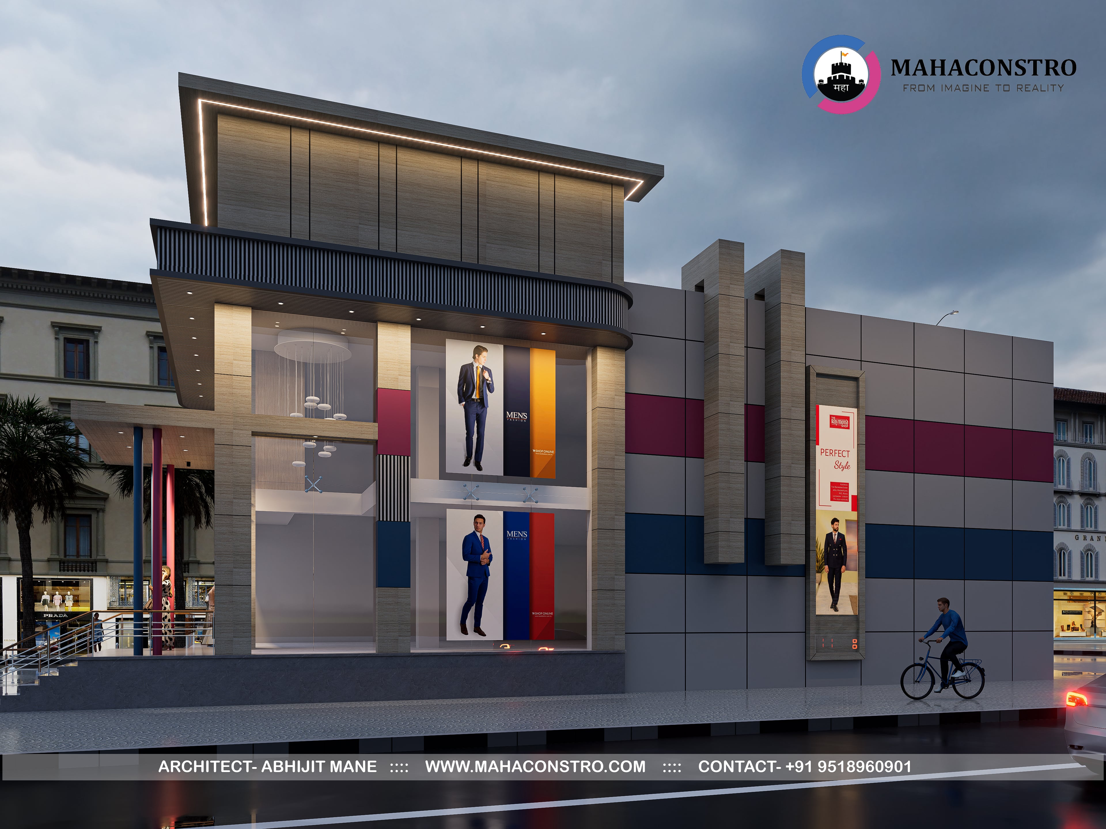 Modern luxury clothing showroom designed for Sahakarya Collection in Tembhurni, Solapur, by Mahaconstro Architects