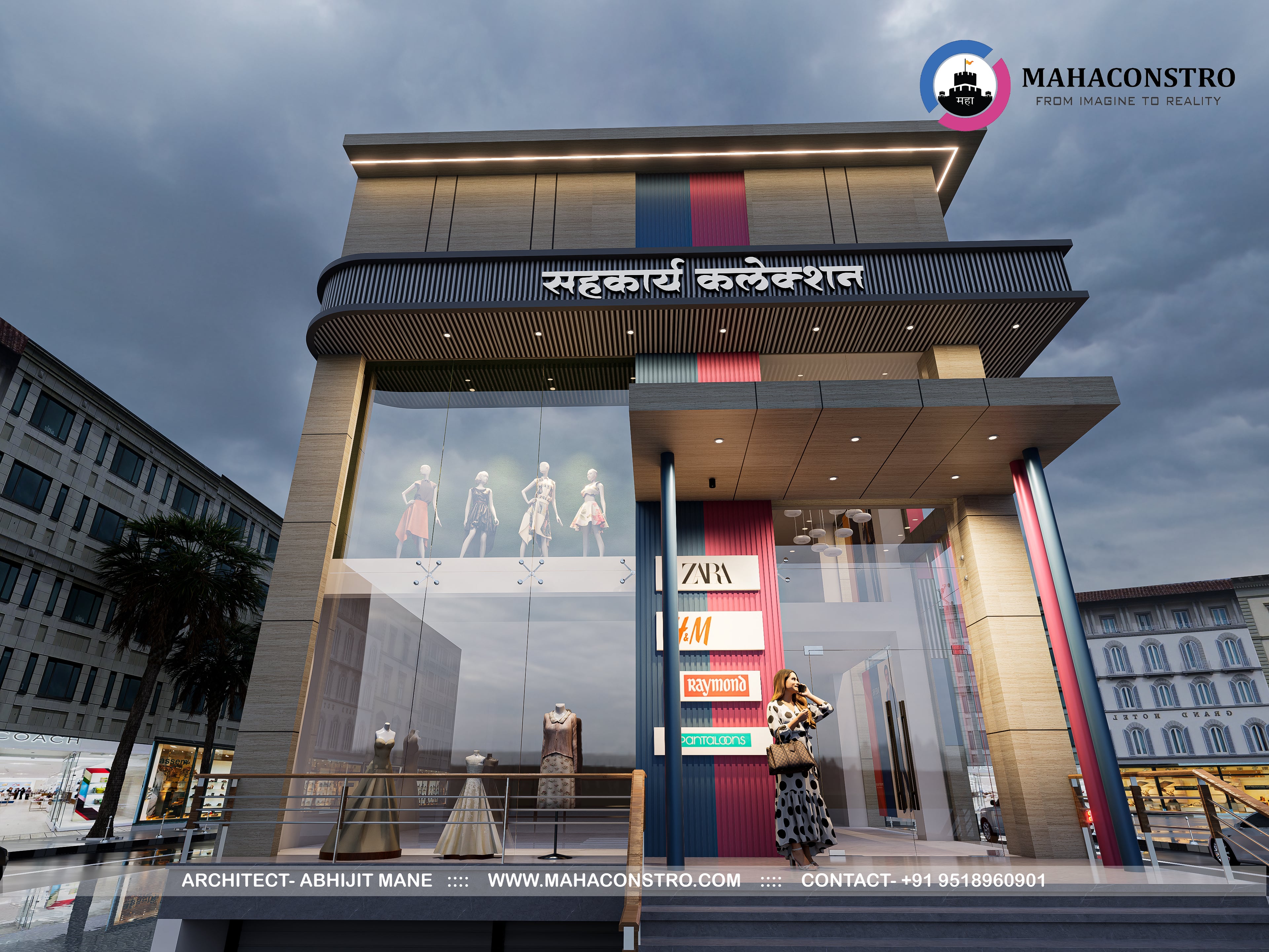 Modern luxury clothing showroom designed for Sahakarya Collection in Tembhurni, Solapur, by Mahaconstro Architects