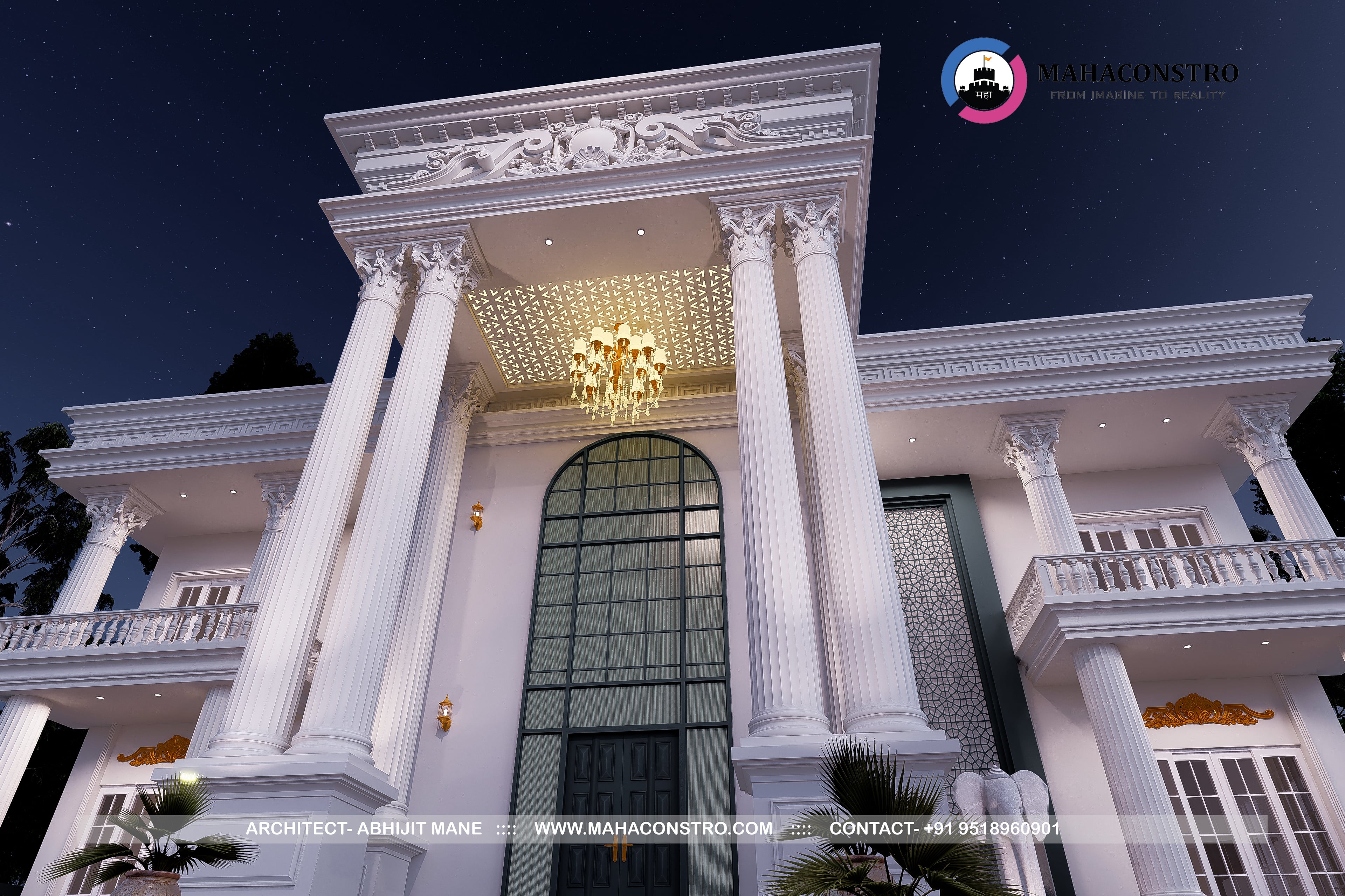 Ultra-luxury neo-classical bungalow, Rajlakshami Palace, featuring grand columns, ornate architectural detailing, and a formal entrance designed by Mahaconstro Architects.