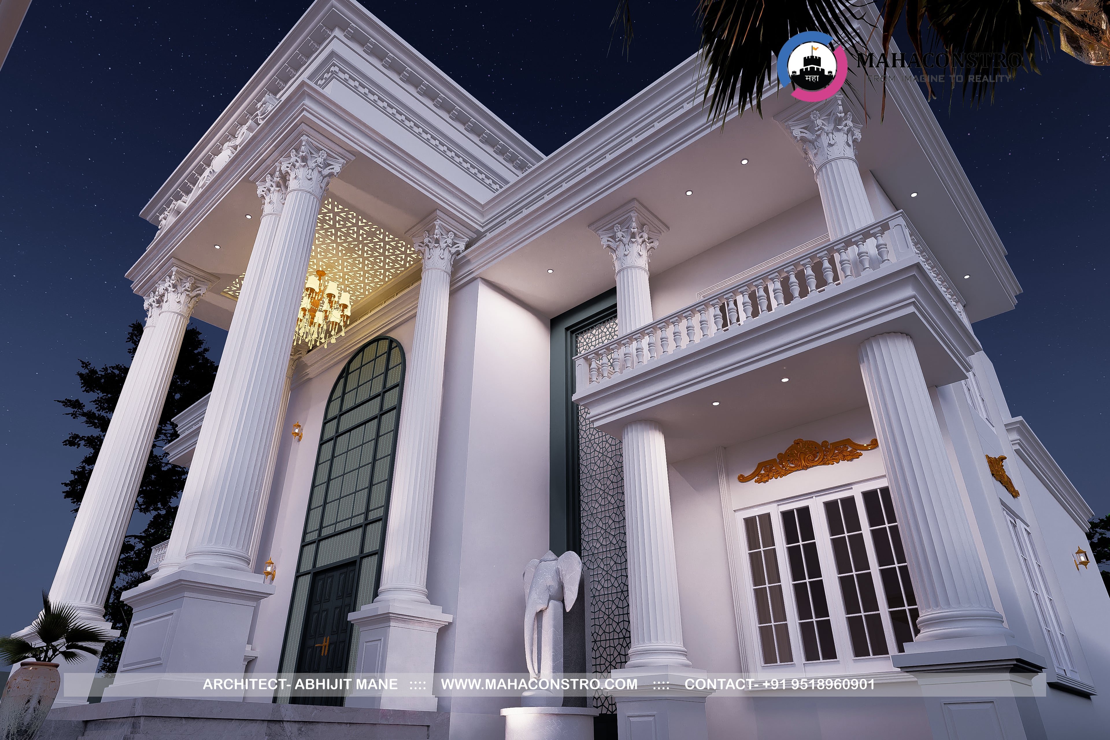 Ultra-luxury neo-classical bungalow, Rajlakshami Palace, featuring grand columns, ornate architectural detailing, and a formal entrance designed by Mahaconstro Architects.