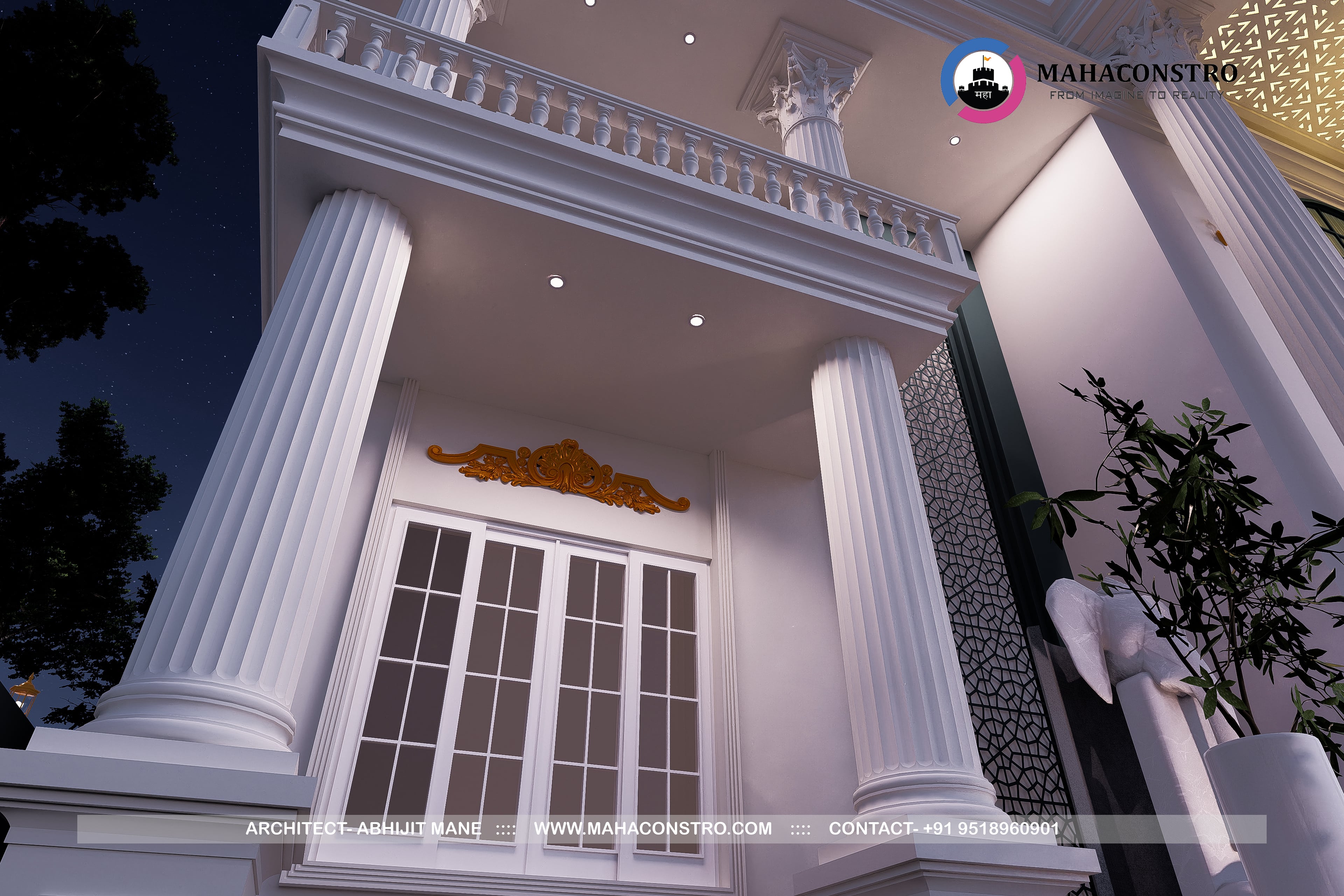 Ultra-luxury neo-classical bungalow, Rajlakshami Palace, featuring grand columns, ornate architectural detailing, and a formal entrance designed by Mahaconstro Architects.