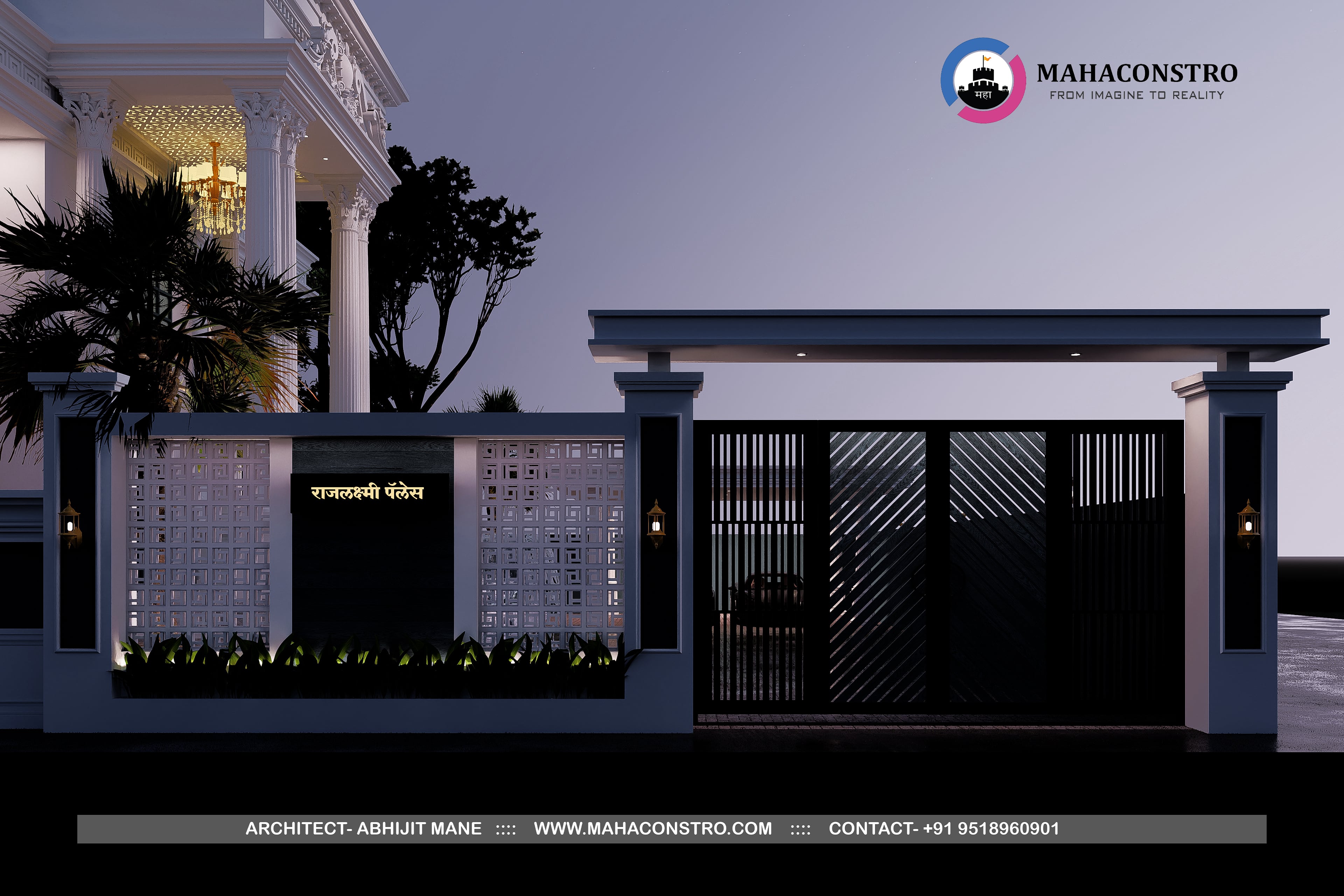 Ultra-luxury neo-classical bungalow, Rajlakshami Palace, featuring grand columns, ornate architectural detailing, and a formal entrance designed by Mahaconstro Architects.