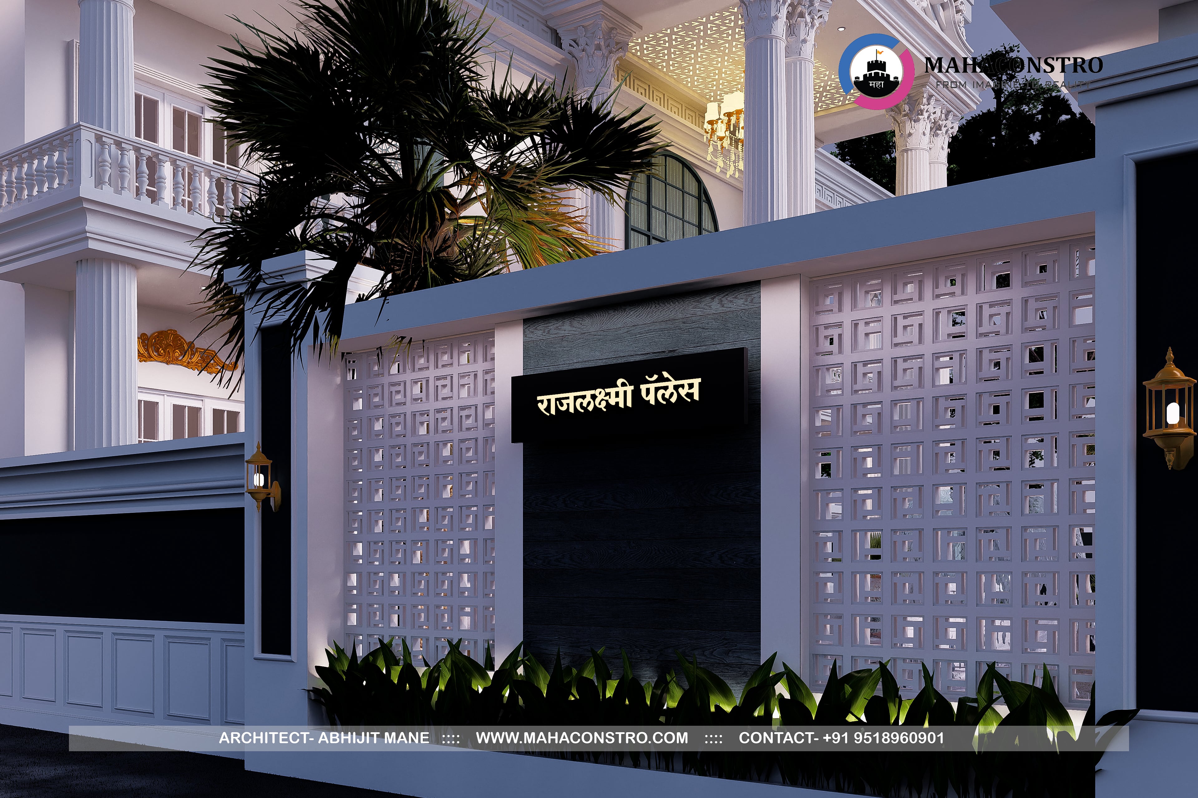 Ultra-luxury neo-classical bungalow, Rajlakshami Palace, featuring grand columns, ornate architectural detailing, and a formal entrance designed by Mahaconstro Architects.