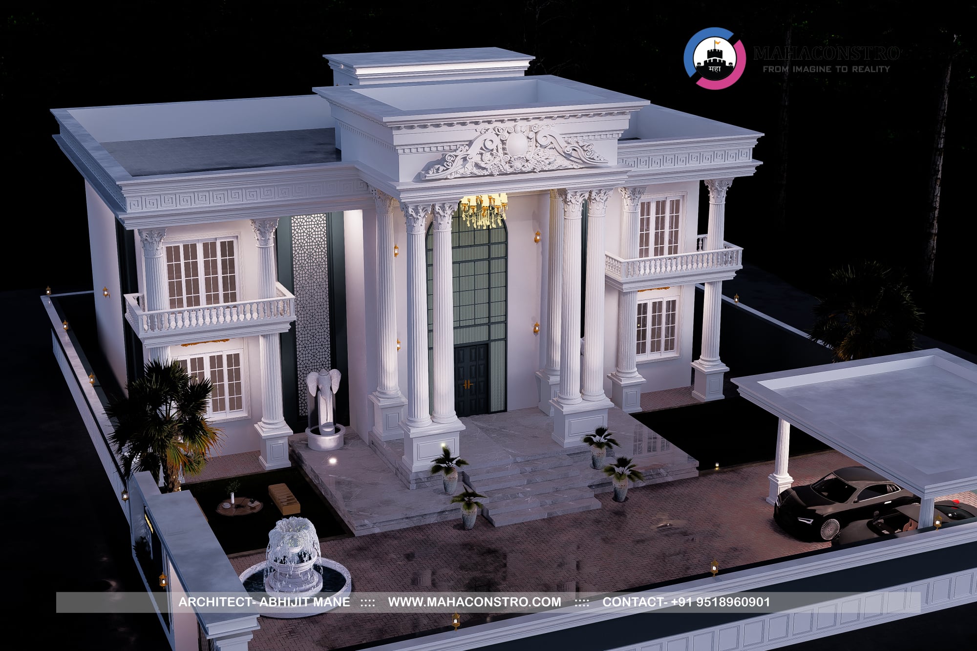 Ultra-luxury neo-classical bungalow, Rajlakshami Palace, featuring grand columns, ornate architectural detailing, and a formal entrance designed by Mahaconstro Architects.