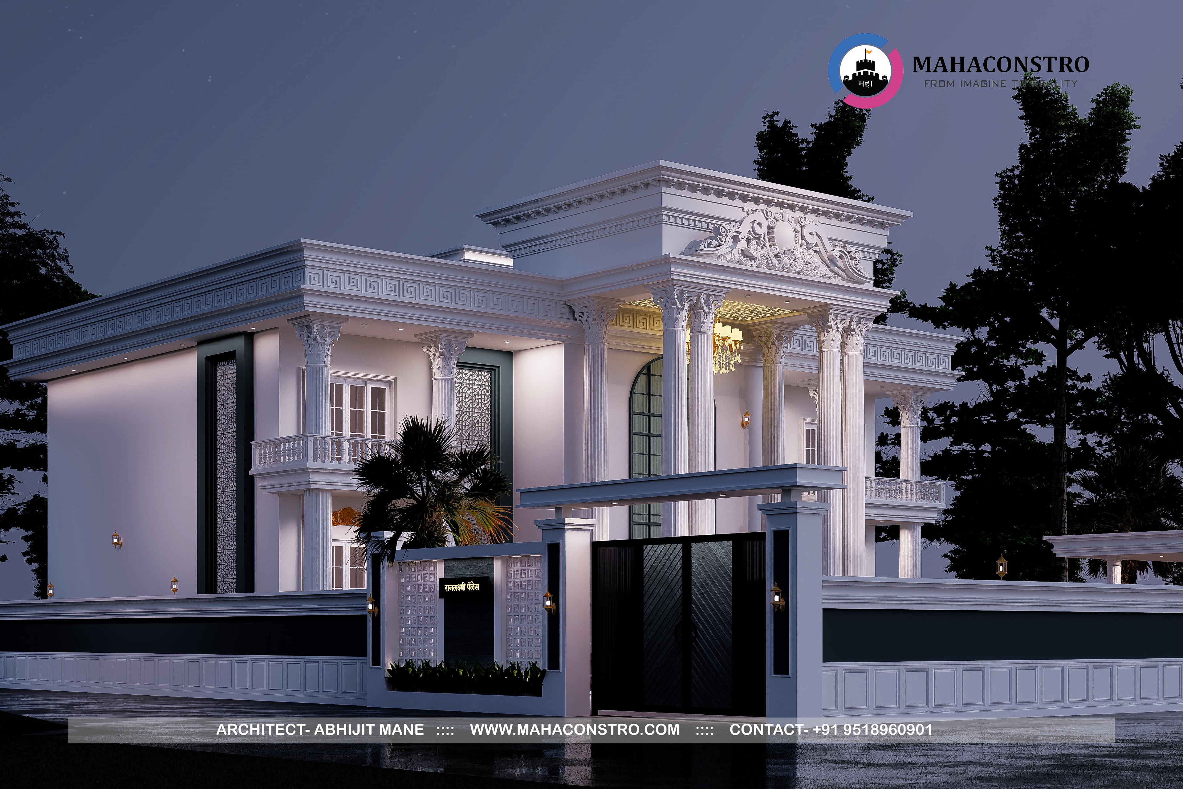 Ultra-luxury neo-classical bungalow, Rajlakshami Palace, featuring grand columns, ornate architectural detailing, and a formal entrance designed by Mahaconstro Architects.