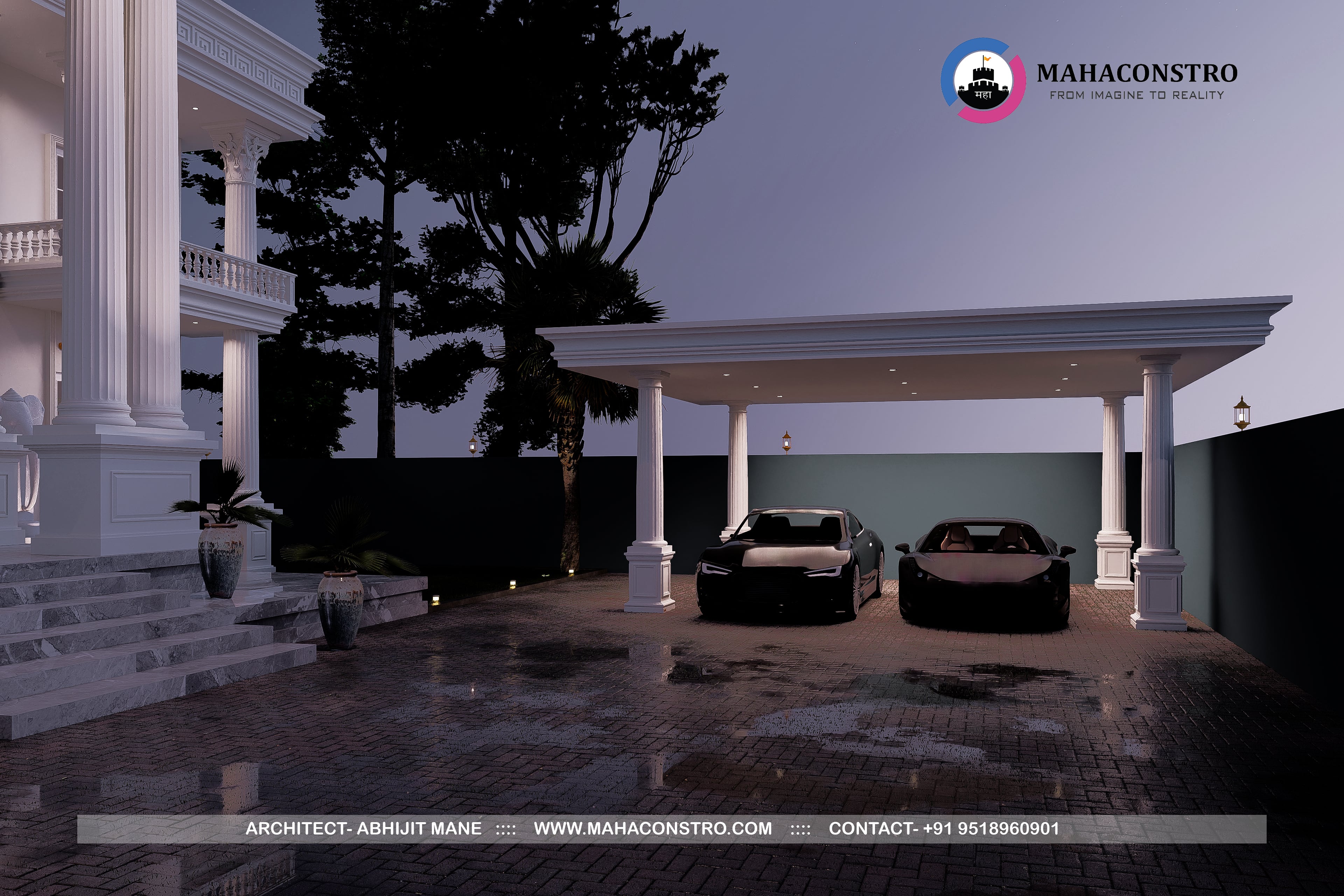 Ultra-luxury neo-classical bungalow, Rajlakshami Palace, featuring grand columns, ornate architectural detailing, and a formal entrance designed by Mahaconstro Architects.