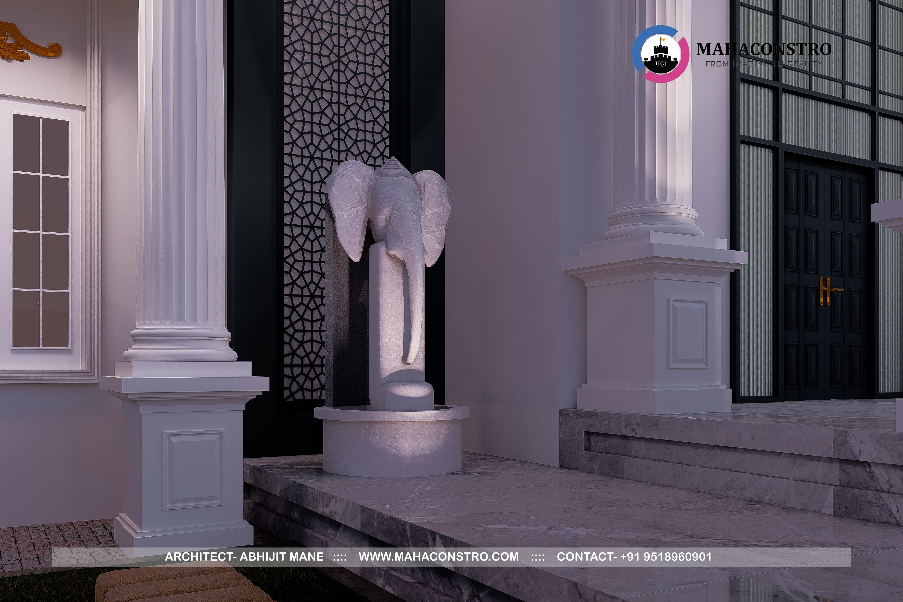 Ultra-luxury neo-classical bungalow, Rajlakshami Palace, featuring grand columns, ornate architectural detailing, and a formal entrance designed by Mahaconstro Architects.