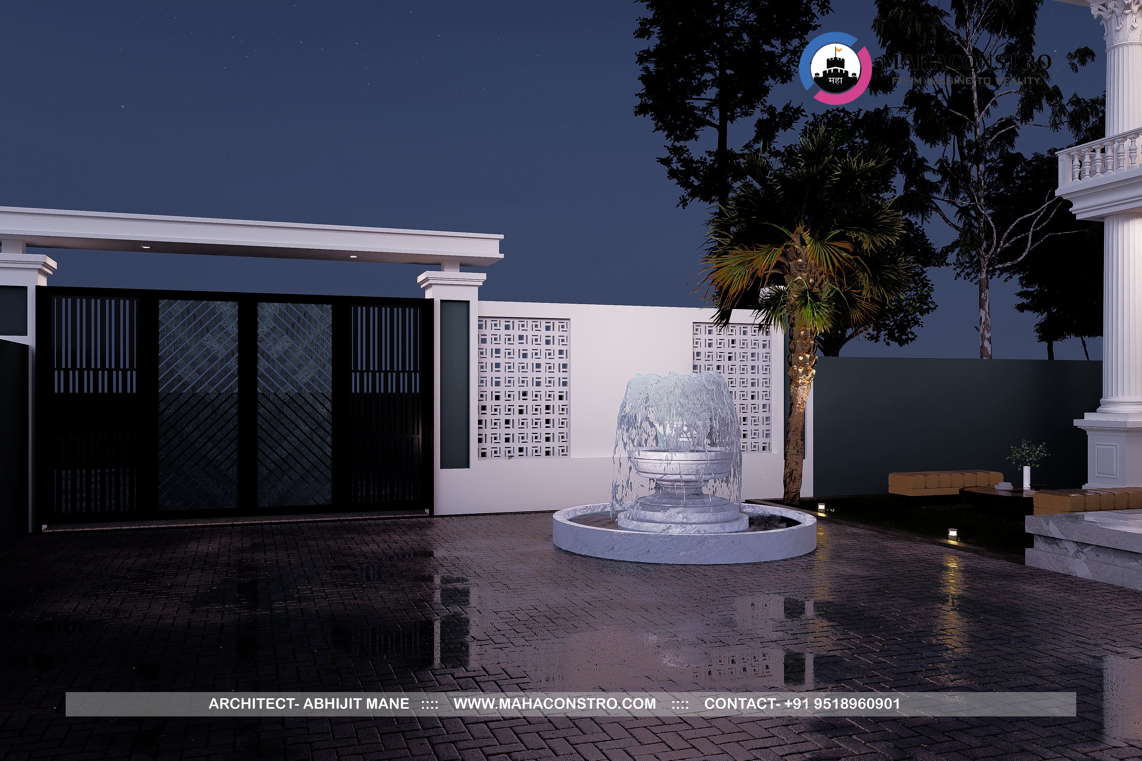 Ultra-luxury neo-classical bungalow, Rajlakshami Palace, featuring grand columns, ornate architectural detailing, and a formal entrance designed by Mahaconstro Architects.