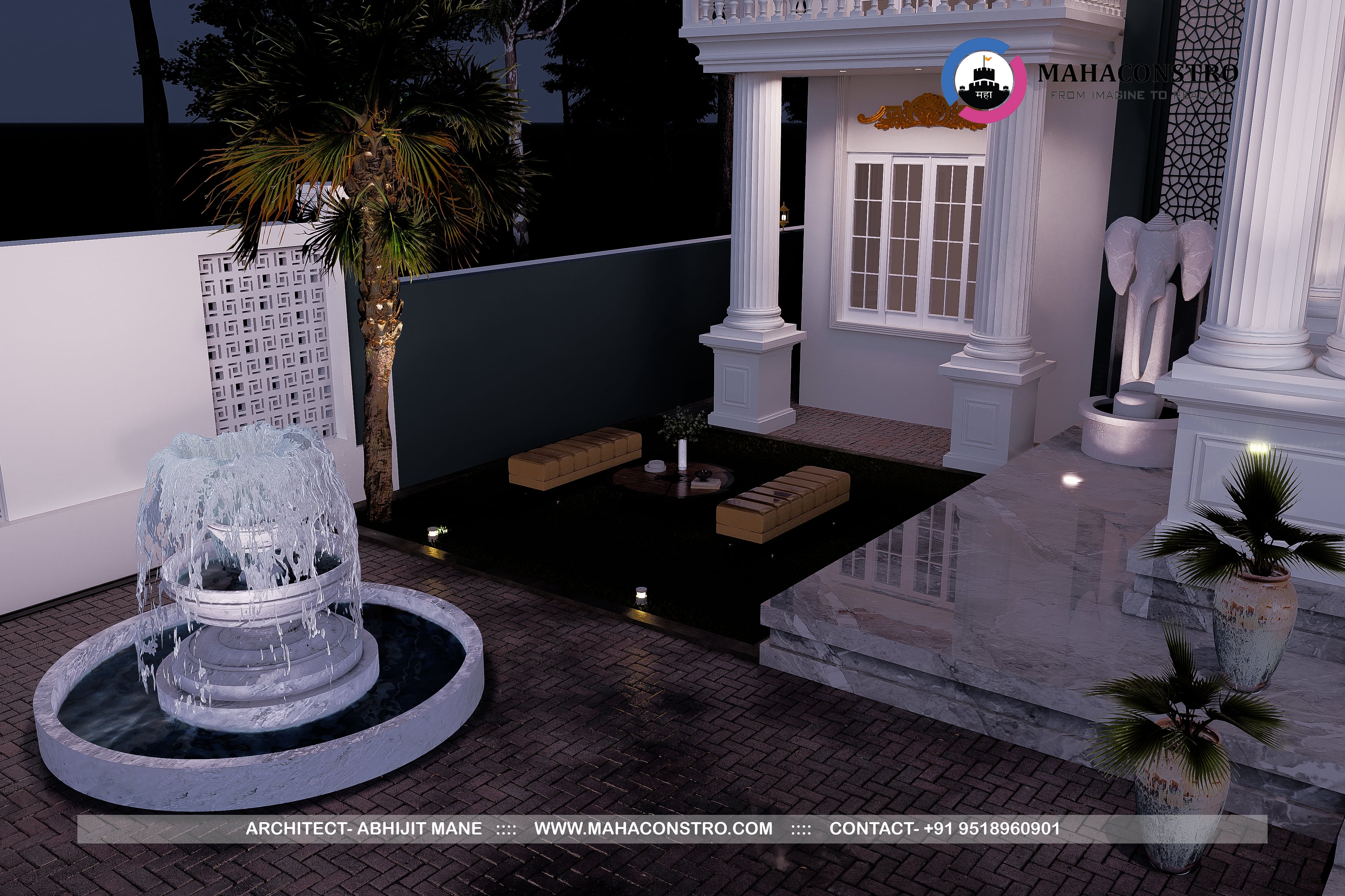 Ultra-luxury neo-classical bungalow, Rajlakshami Palace, featuring grand columns, ornate architectural detailing, and a formal entrance designed by Mahaconstro Architects.