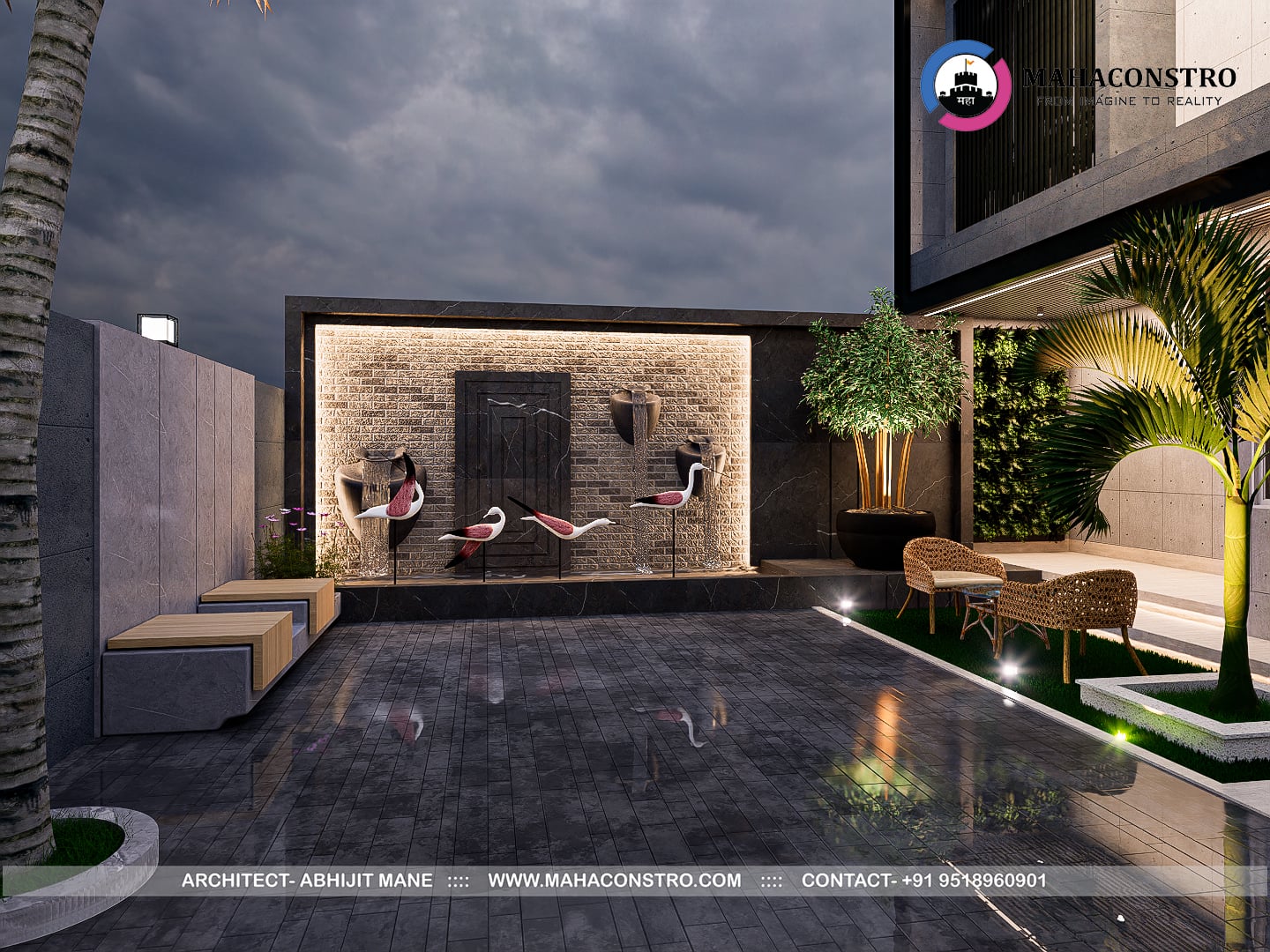Contemporary ultra-luxury bungalow architecture at Shantiniketan in Tembhurni, Solapur, designed by Mahaconstro Architects.