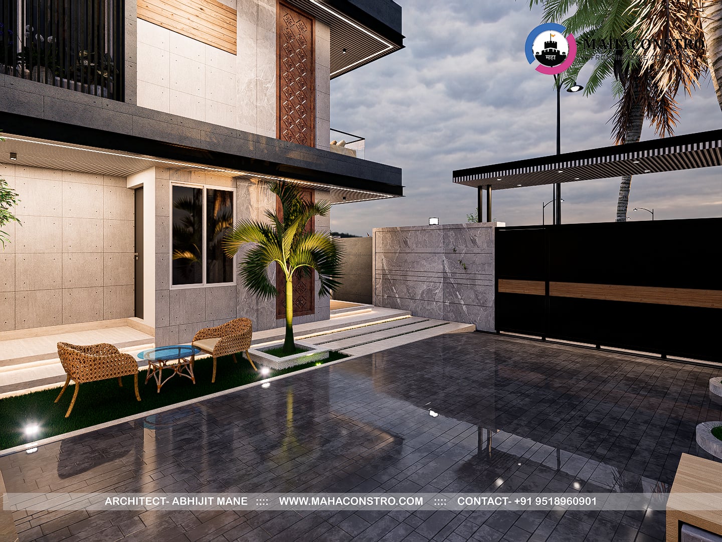 Contemporary ultra-luxury bungalow architecture at Shantiniketan in Tembhurni, Solapur, designed by Mahaconstro Architects.