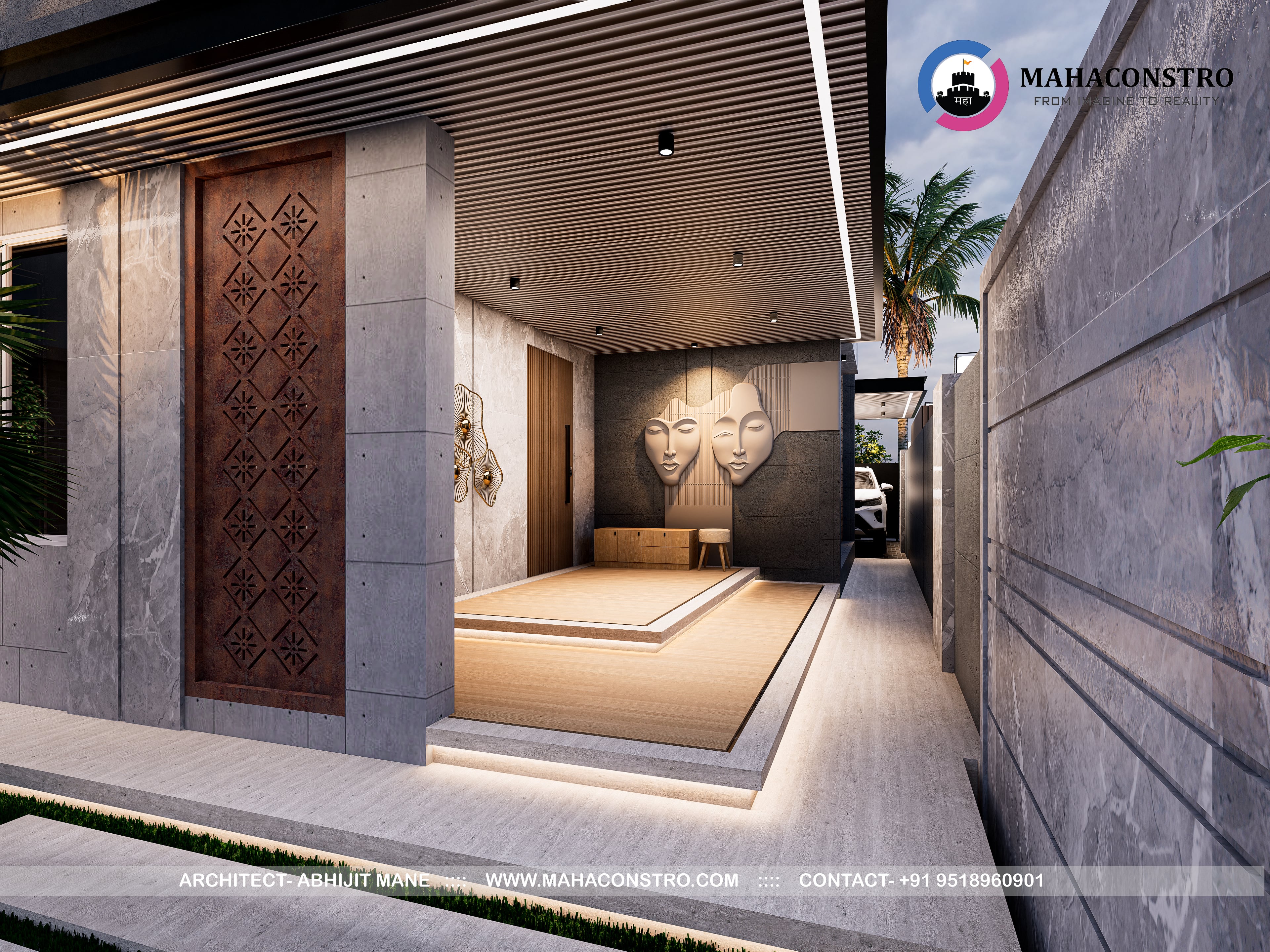 Contemporary ultra-luxury bungalow architecture at Shantiniketan in Tembhurni, Solapur, designed by Mahaconstro Architects.