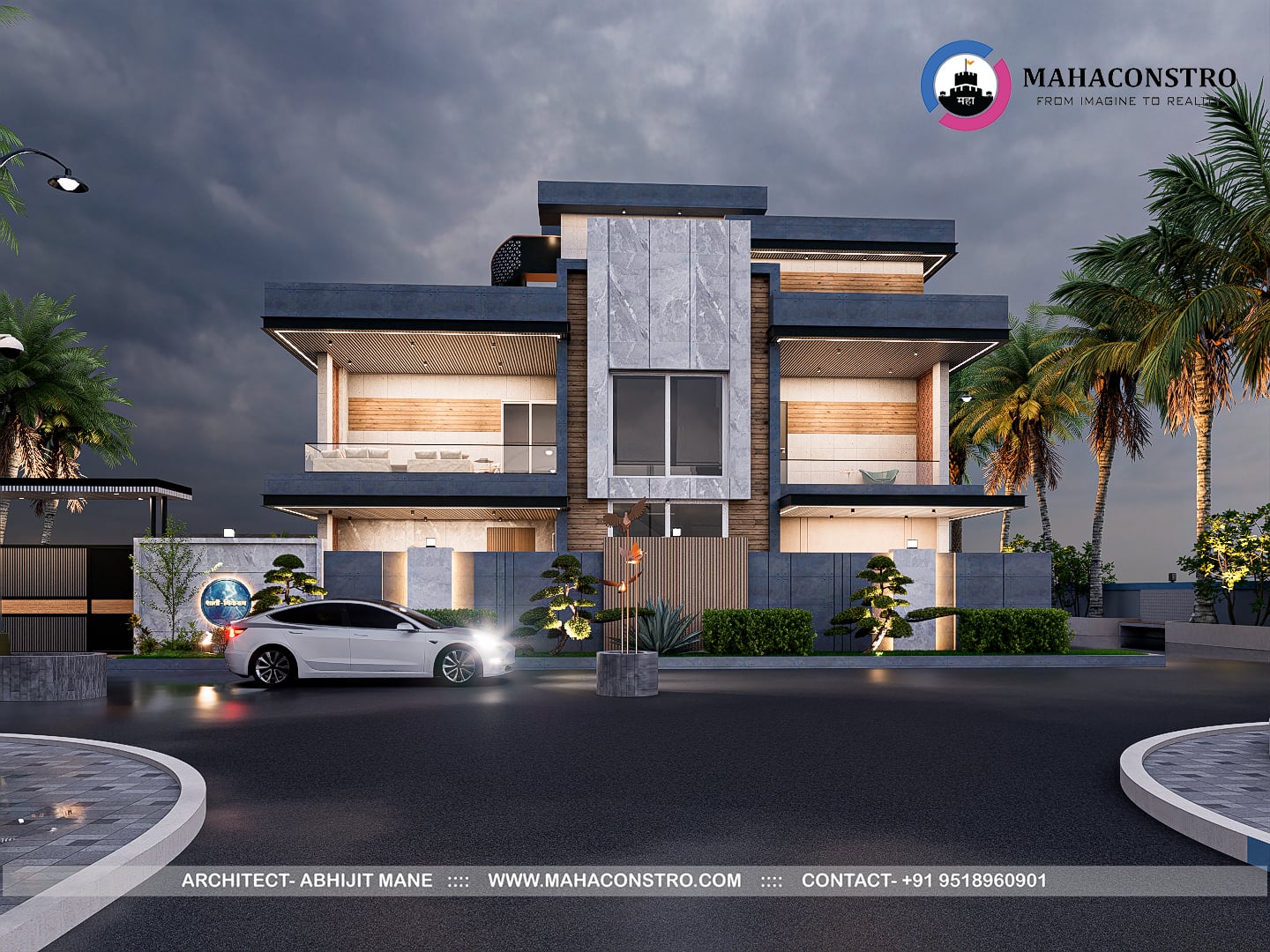 Contemporary ultra-luxury bungalow architecture at Shantiniketan in Tembhurni, Solapur, designed by Mahaconstro Architects.