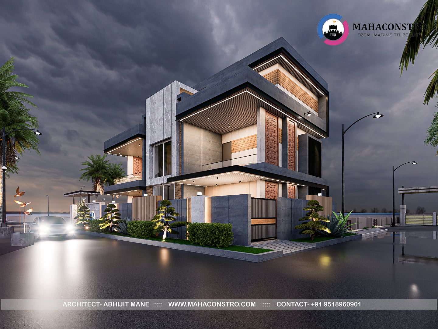 Contemporary ultra-luxury bungalow architecture at Shantiniketan in Tembhurni, Solapur, designed by Mahaconstro Architects.