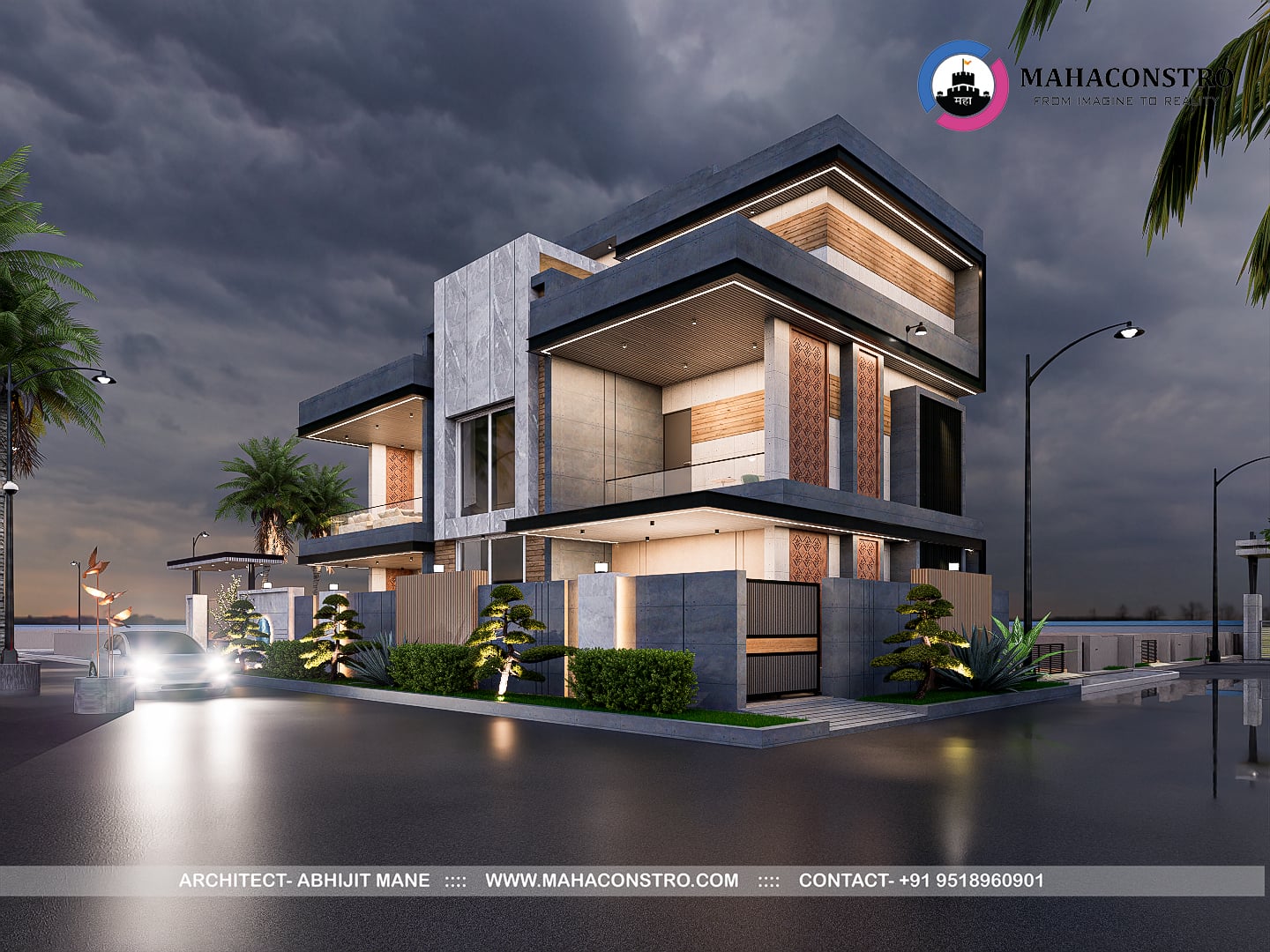 Contemporary ultra-luxury bungalow architecture at Shantiniketan in Tembhurni, Solapur, designed by Mahaconstro Architects.