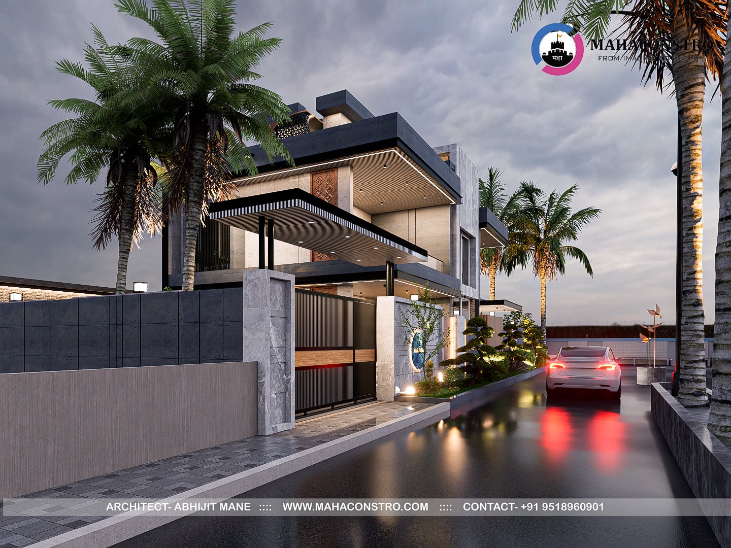 Contemporary ultra-luxury bungalow architecture at Shantiniketan in Tembhurni, Solapur, designed by Mahaconstro Architects.