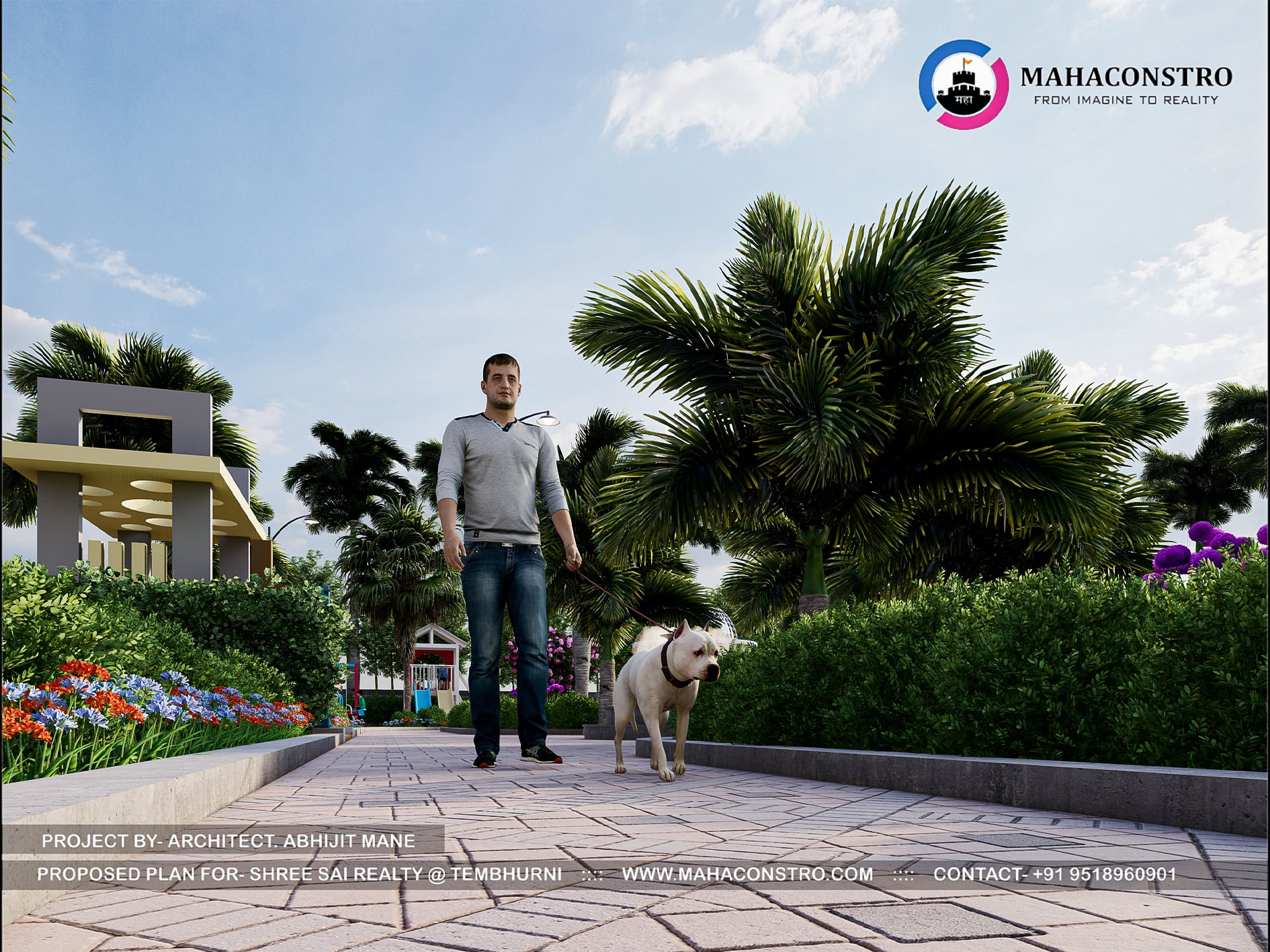 Landscape garden at Shree Sai Realty in Tembhurni, Solapur, featuring curved walkways, tropical planting, open lawns, and recreational spaces designed by Mahaconstro Architects.