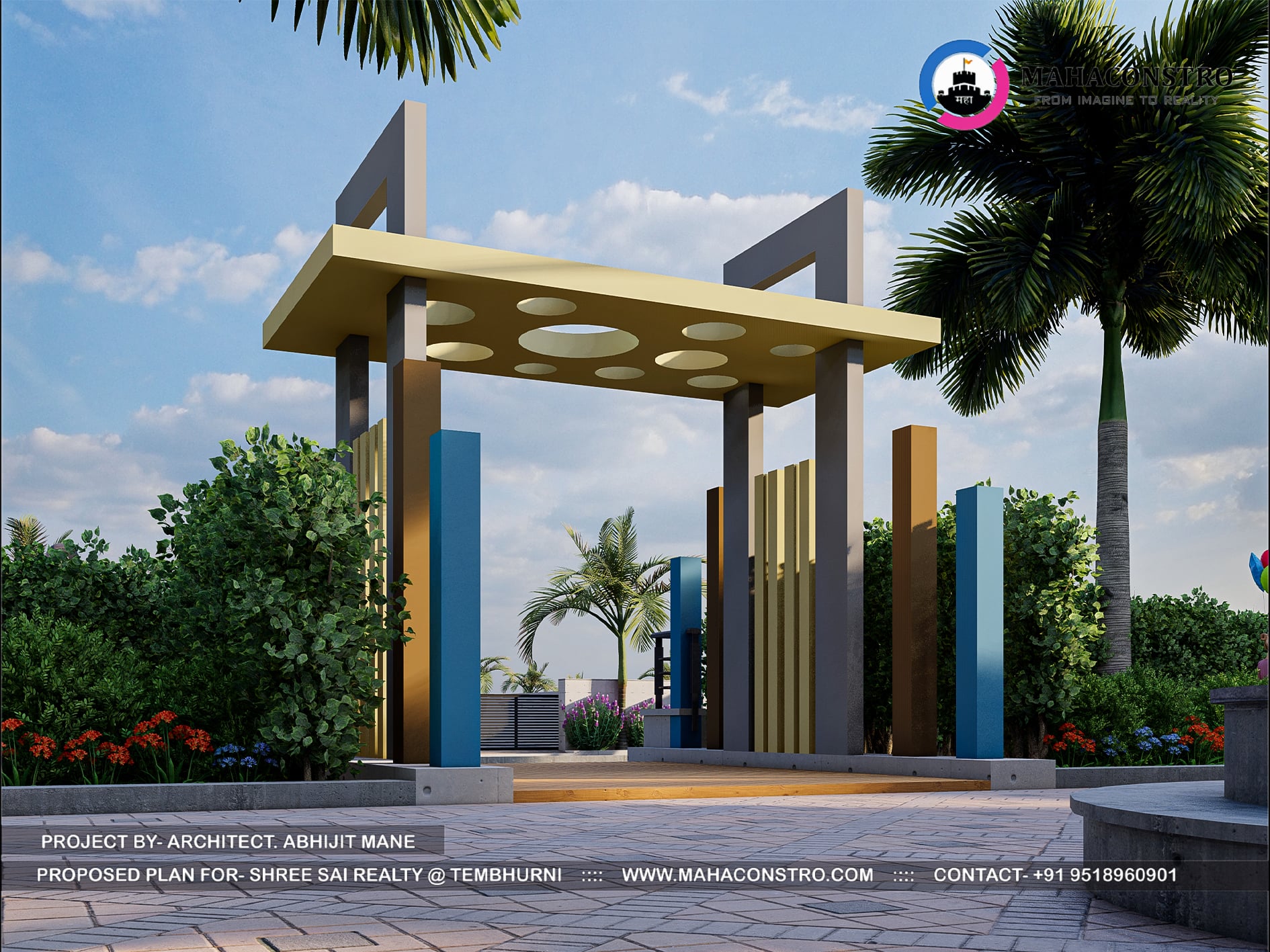 Landscape garden at Shree Sai Realty in Tembhurni, Solapur, featuring curved walkways, tropical planting, open lawns, and recreational spaces designed by Mahaconstro Architects.