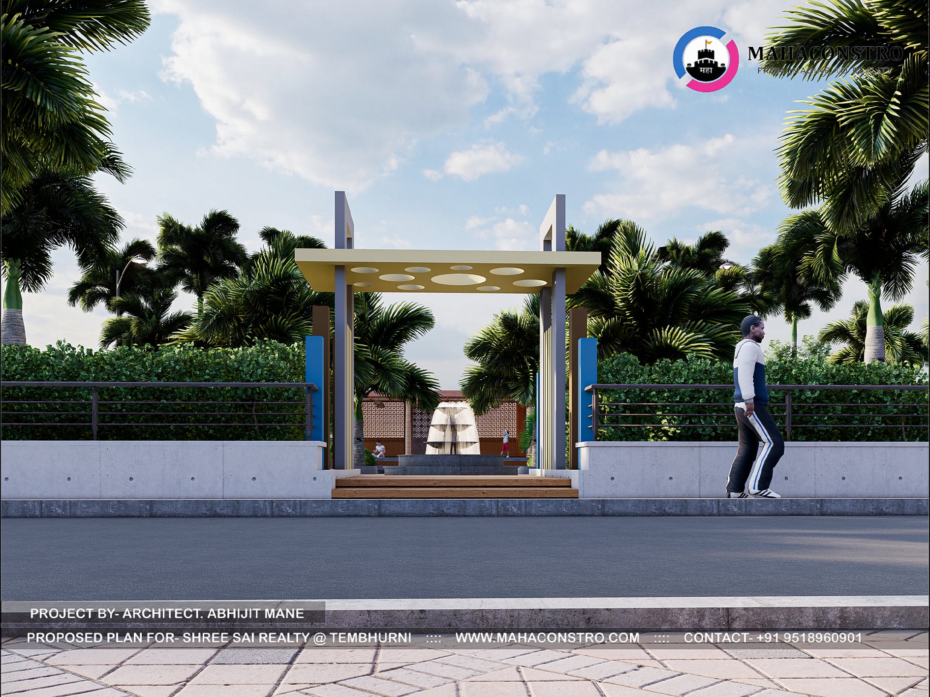 Landscape garden at Shree Sai Realty in Tembhurni, Solapur, featuring curved walkways, tropical planting, open lawns, and recreational spaces designed by Mahaconstro Architects.