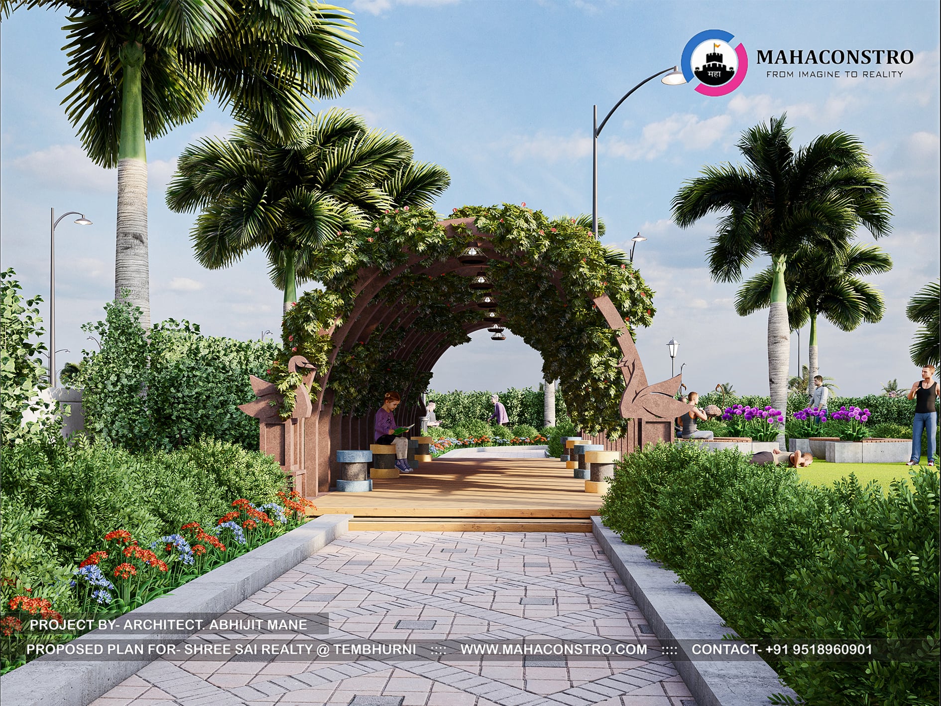 Landscape garden at Shree Sai Realty in Tembhurni, Solapur, featuring curved walkways, tropical planting, open lawns, and recreational spaces designed by Mahaconstro Architects.