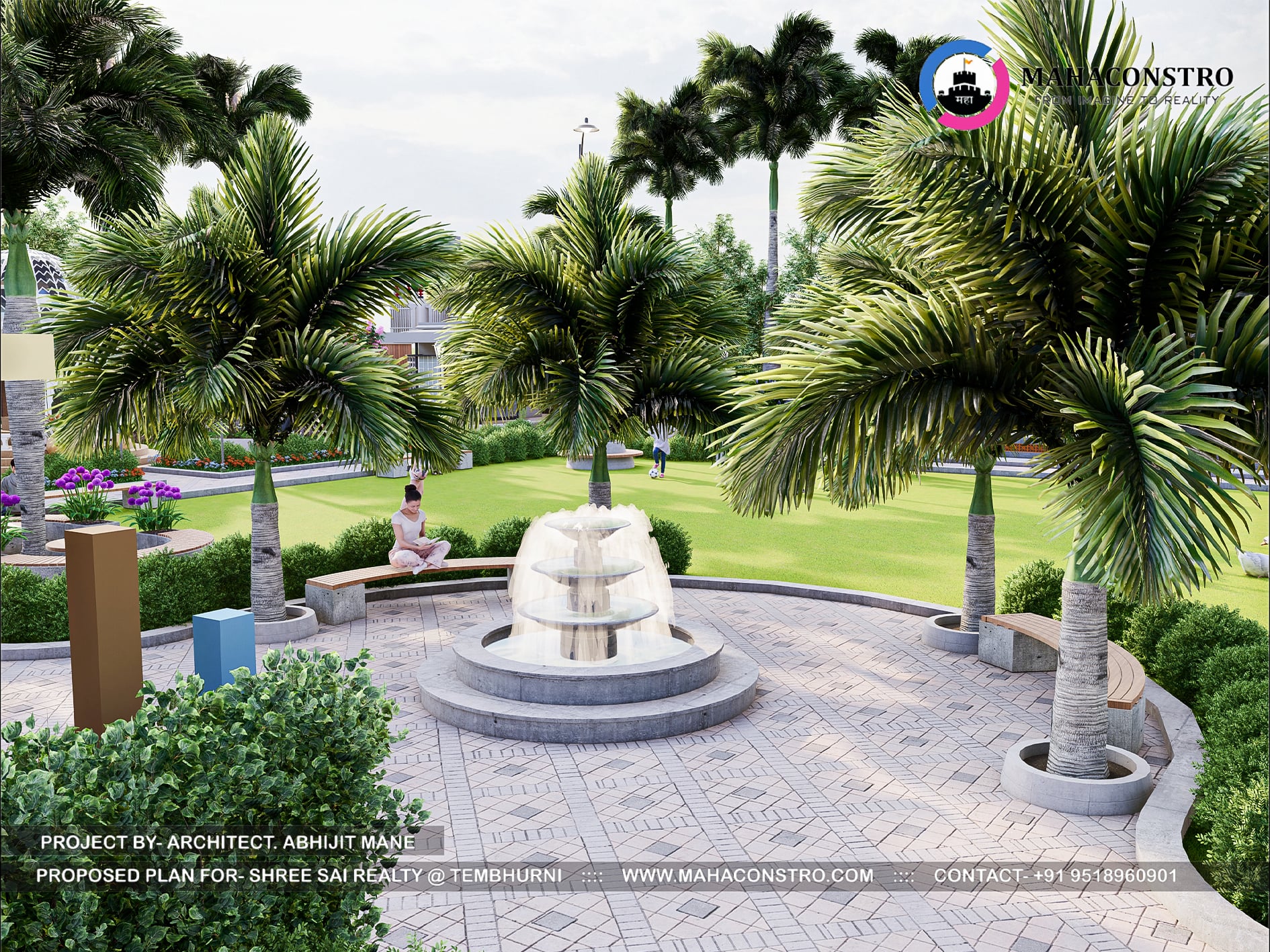 Landscape garden at Shree Sai Realty in Tembhurni, Solapur, featuring curved walkways, tropical planting, open lawns, and recreational spaces designed by Mahaconstro Architects.