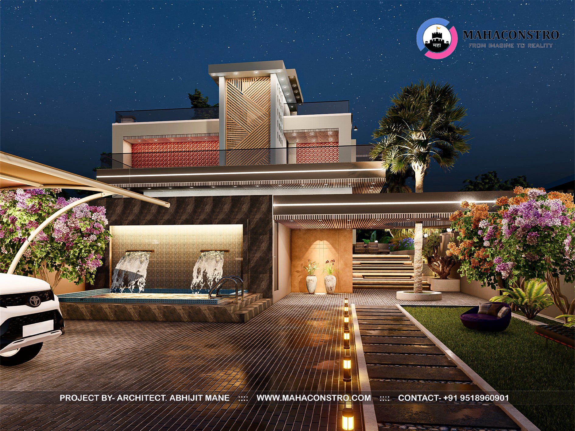 Ultra-luxury bungalow at Vrundavan Niwas featuring contemporary architecture, landscaped gardens, water features, and ambient outdoor lighting by Mahaconstro Architects