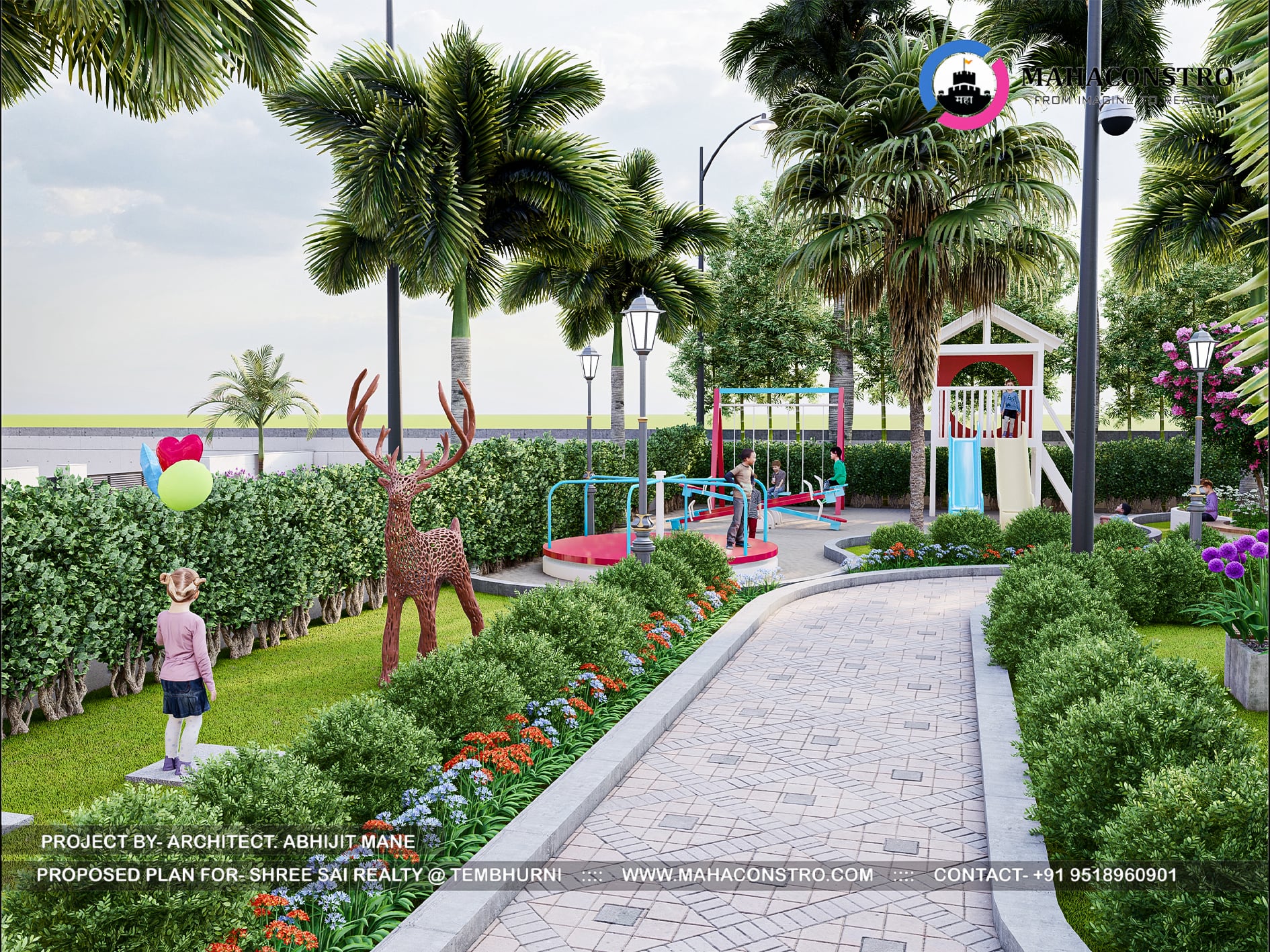 Landscape garden at Shree Sai Realty in Tembhurni, Solapur, featuring curved walkways, tropical planting, open lawns, and recreational spaces designed by Mahaconstro Architects.