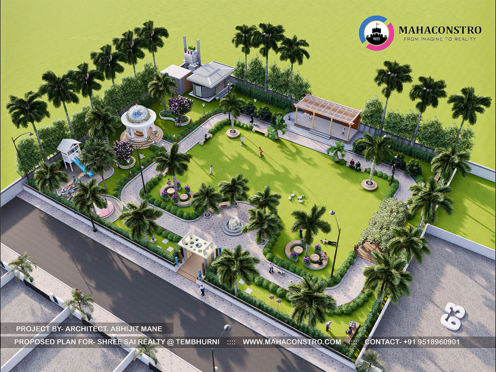 Landscape garden at Shree Sai Realty in Tembhurni, Solapur, featuring curved walkways, tropical planting, open lawns, and recreational spaces designed by Mahaconstro Architects.