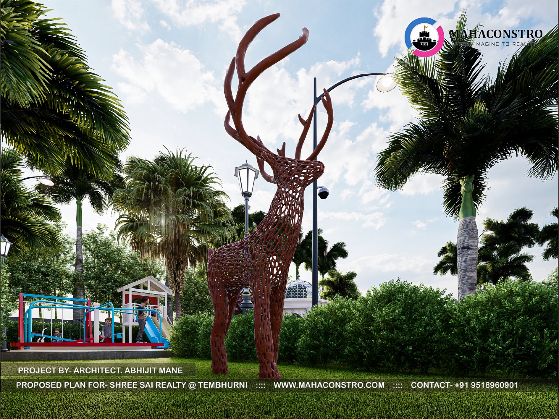 Landscape garden at Shree Sai Realty in Tembhurni, Solapur, featuring curved walkways, tropical planting, open lawns, and recreational spaces designed by Mahaconstro Architects.