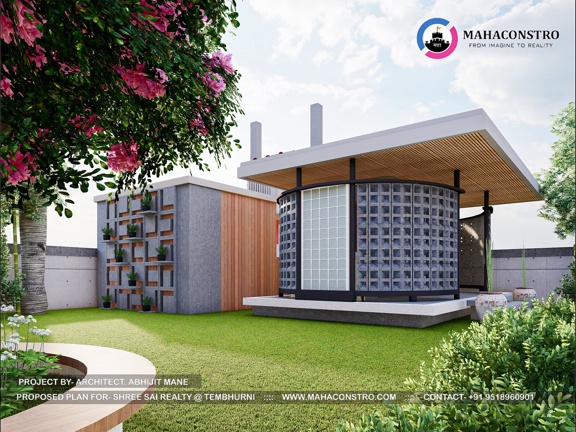 Landscape garden at Shree Sai Realty in Tembhurni, Solapur, featuring curved walkways, tropical planting, open lawns, and recreational spaces designed by Mahaconstro Architects.