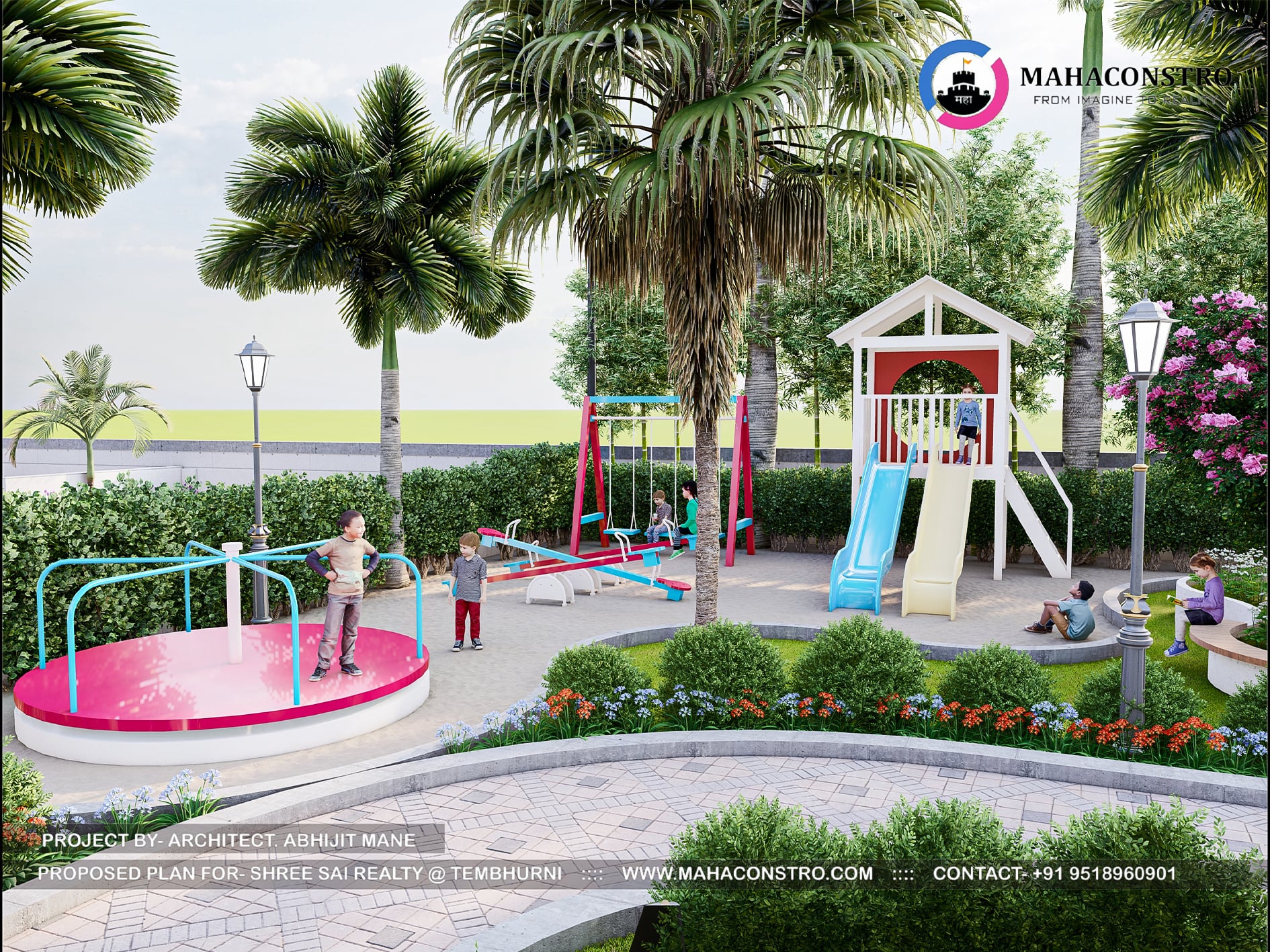 Landscape garden at Shree Sai Realty in Tembhurni, Solapur, featuring curved walkways, tropical planting, open lawns, and recreational spaces designed by Mahaconstro Architects.