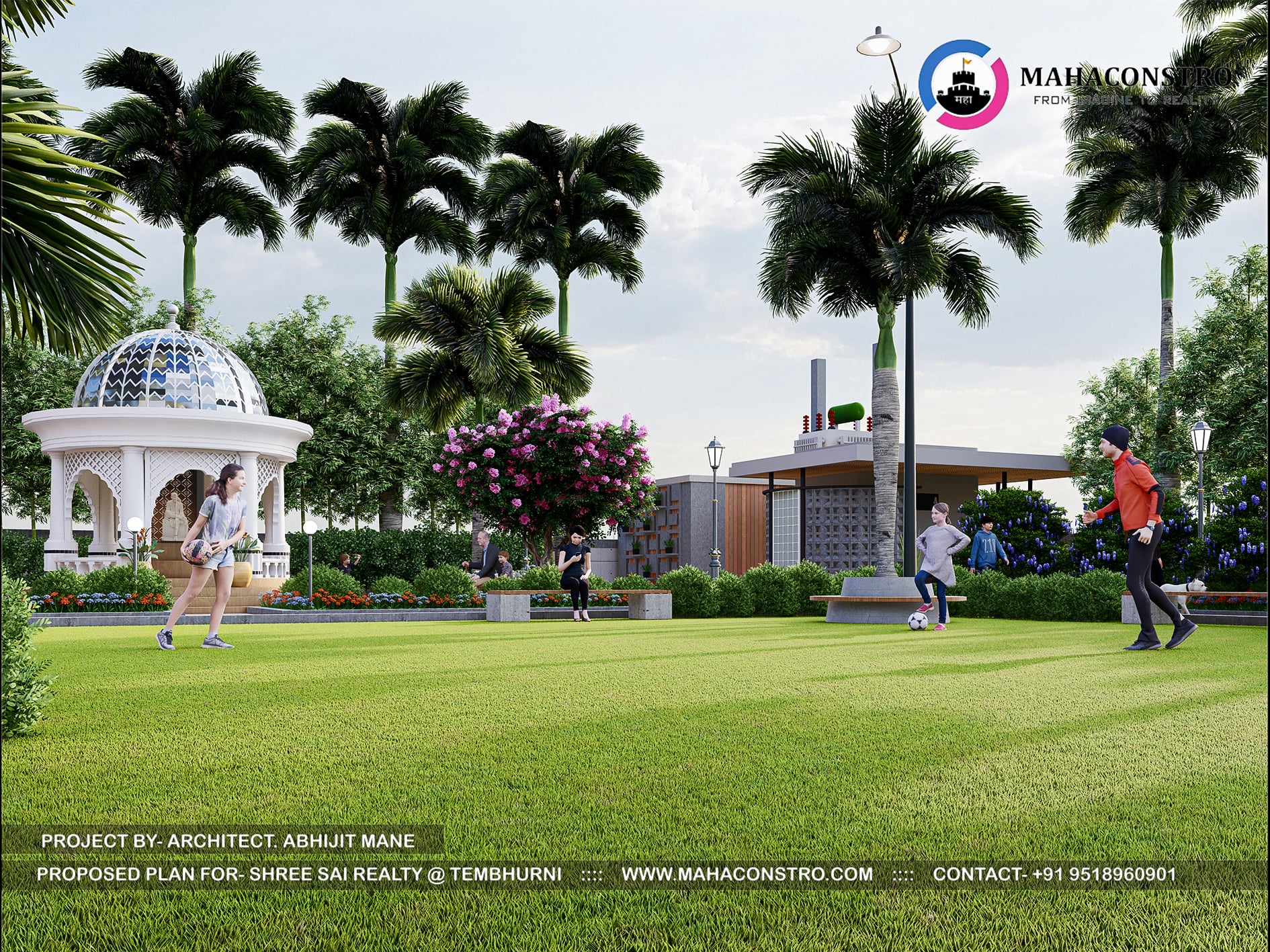 Landscape garden at Shree Sai Realty in Tembhurni, Solapur, featuring curved walkways, tropical planting, open lawns, and recreational spaces designed by Mahaconstro Architects.