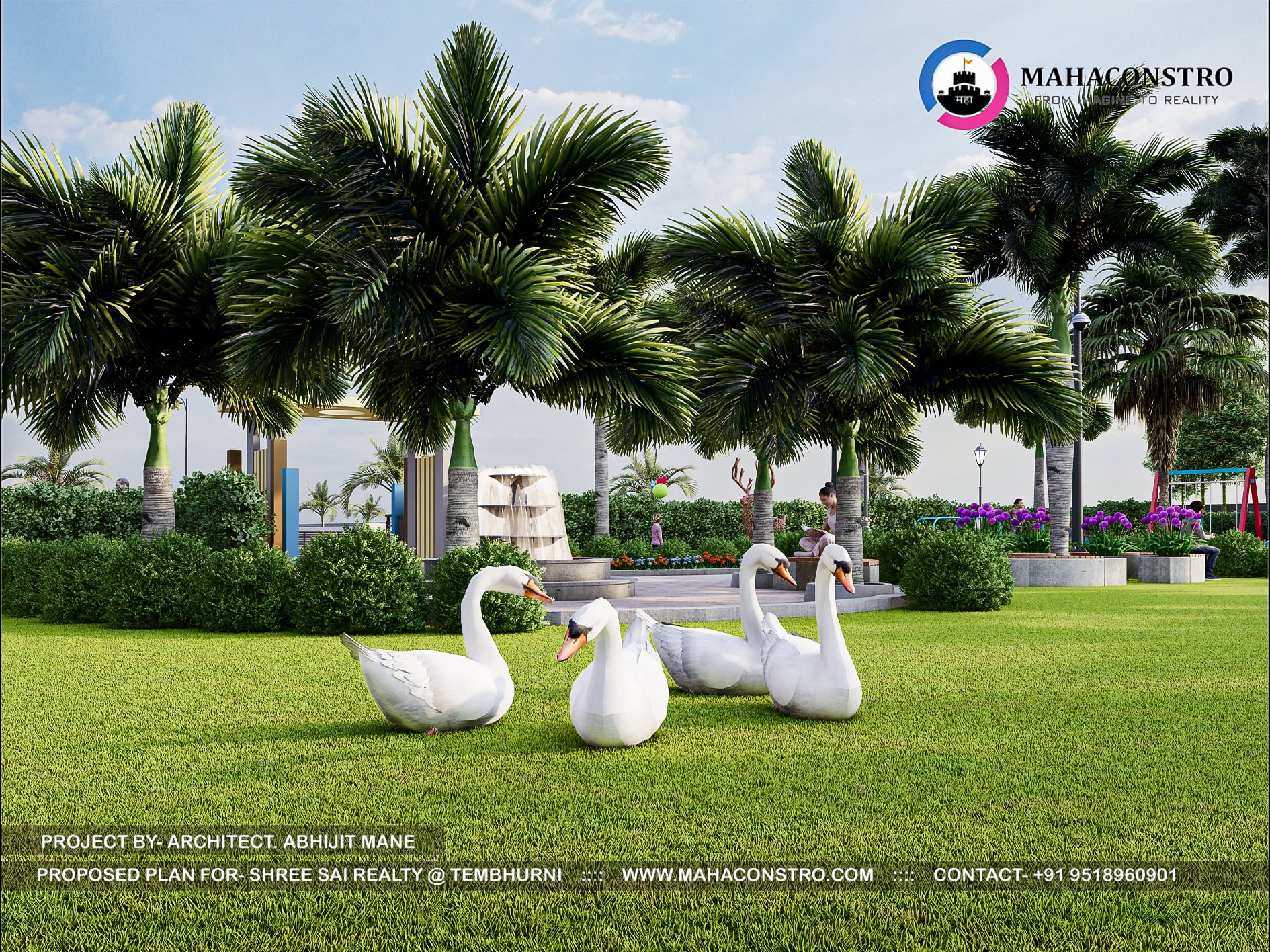 Landscape garden at Shree Sai Realty in Tembhurni, Solapur, featuring curved walkways, tropical planting, open lawns, and recreational spaces designed by Mahaconstro Architects.