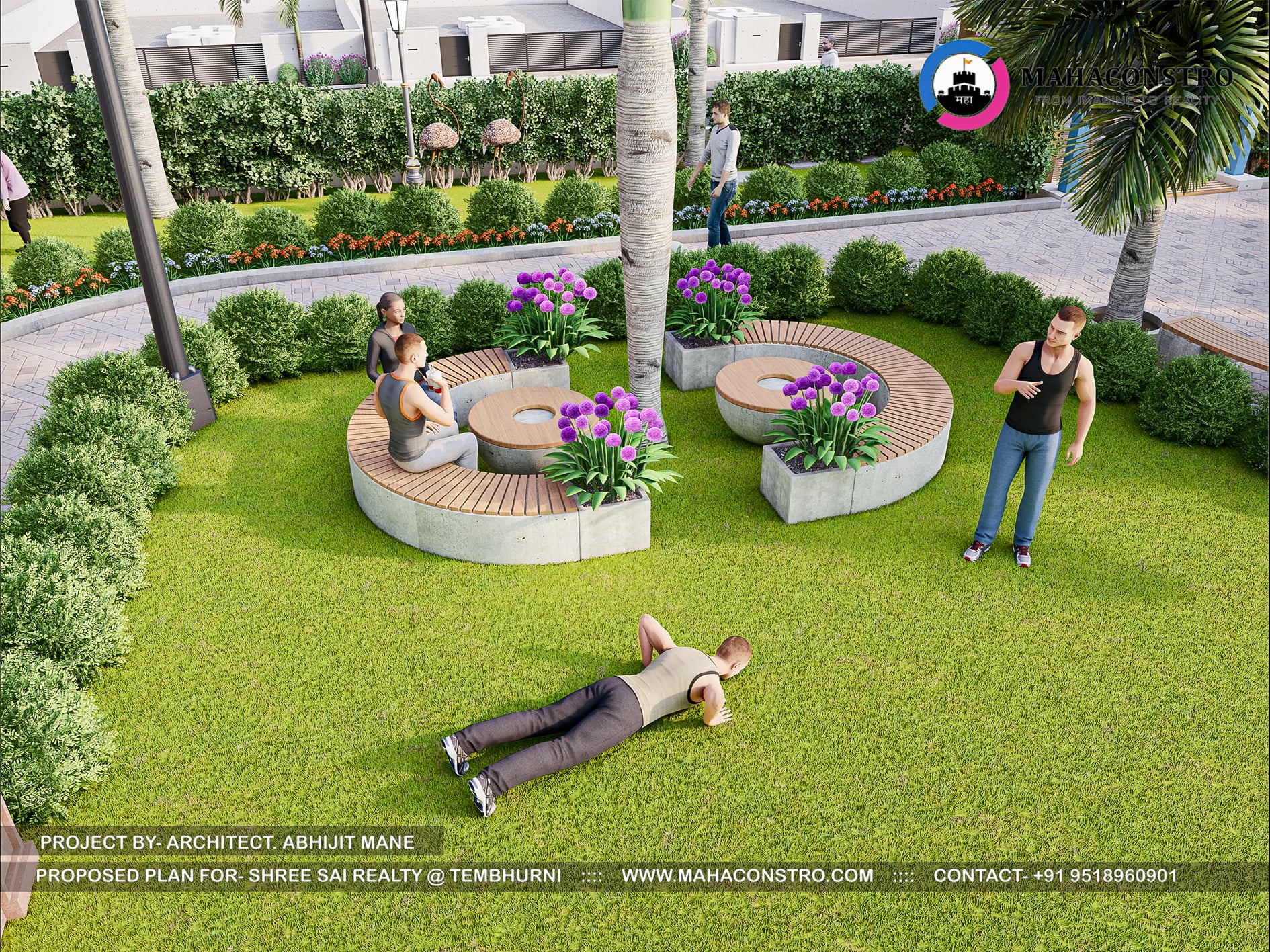 Landscape garden at Shree Sai Realty in Tembhurni, Solapur, featuring curved walkways, tropical planting, open lawns, and recreational spaces designed by Mahaconstro Architects.