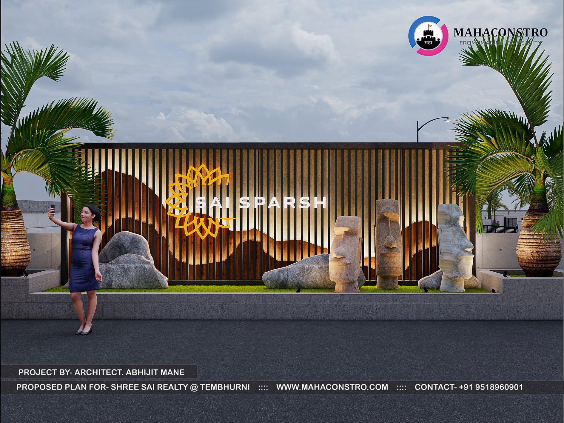 Modern luxury plotting entrance gateway at Sai Sparsh in Tembhurni, Solapur, featuring a contemporary canopy and stone-clad entrance structure designed by Mahaconstro Architects