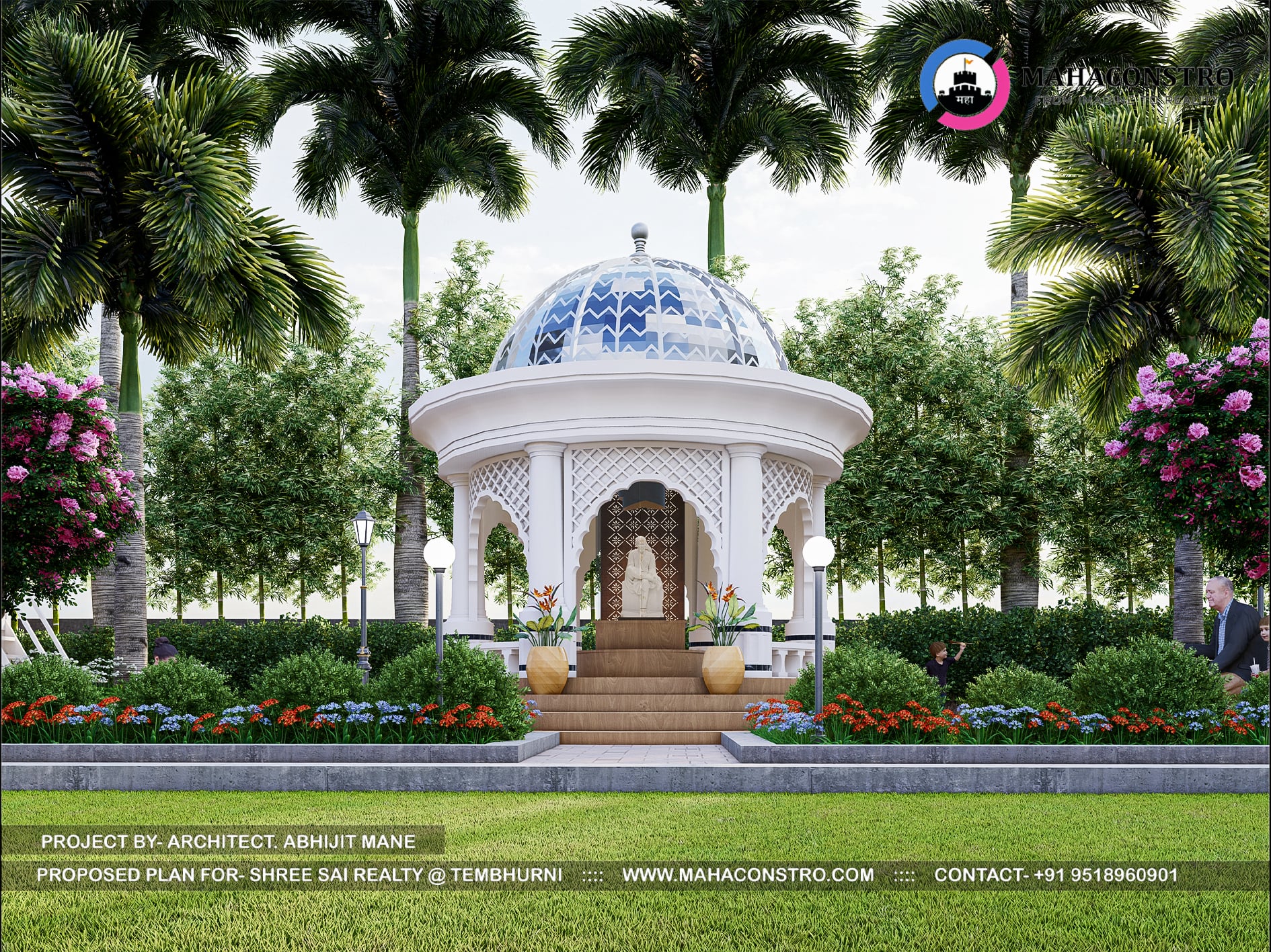 Landscape garden at Shree Sai Realty in Tembhurni, Solapur, featuring curved walkways, tropical planting, open lawns, and recreational spaces designed by Mahaconstro Architects.