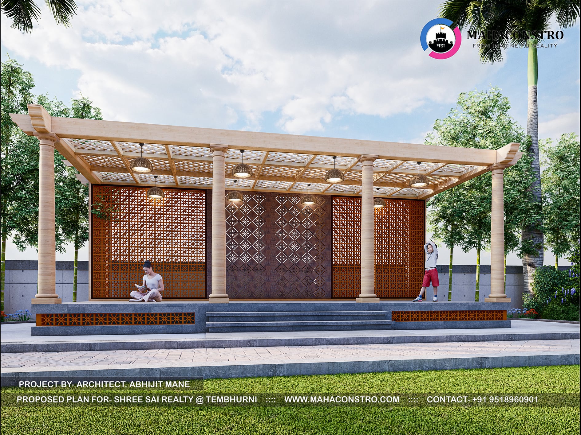 Landscape garden at Shree Sai Realty in Tembhurni, Solapur, featuring curved walkways, tropical planting, open lawns, and recreational spaces designed by Mahaconstro Architects.