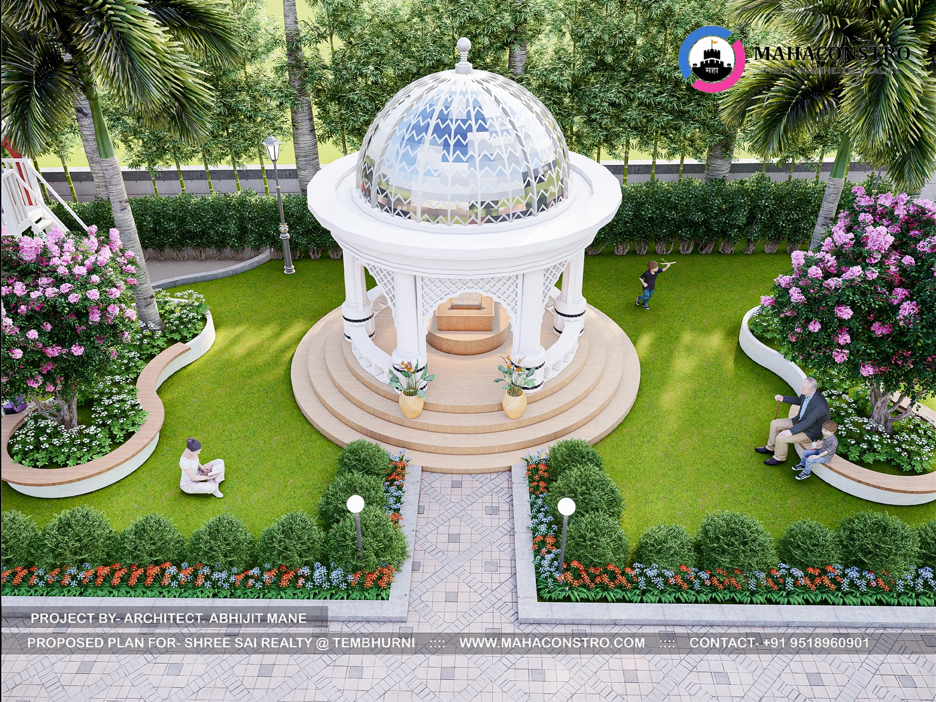 Landscape garden at Shree Sai Realty in Tembhurni, Solapur, featuring curved walkways, tropical planting, open lawns, and recreational spaces designed by Mahaconstro Architects.