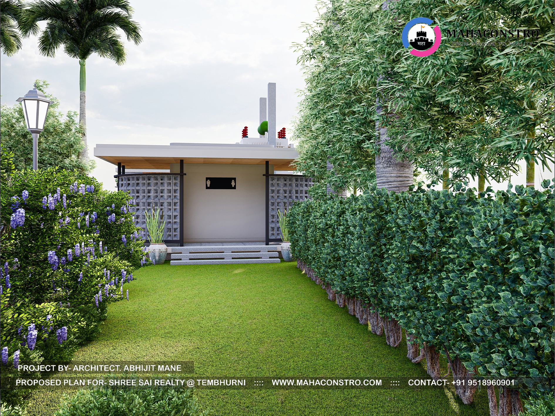 Landscape garden at Shree Sai Realty in Tembhurni, Solapur, featuring curved walkways, tropical planting, open lawns, and recreational spaces designed by Mahaconstro Architects.