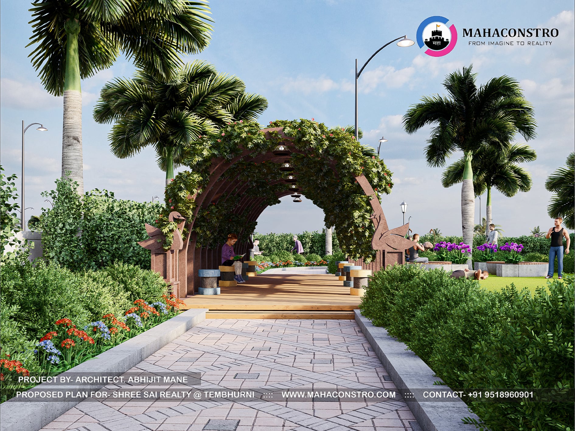 Landscape garden at Shree Sai Realty in Tembhurni, Solapur, featuring curved walkways, tropical planting, open lawns, and recreational spaces designed by Mahaconstro Architects.