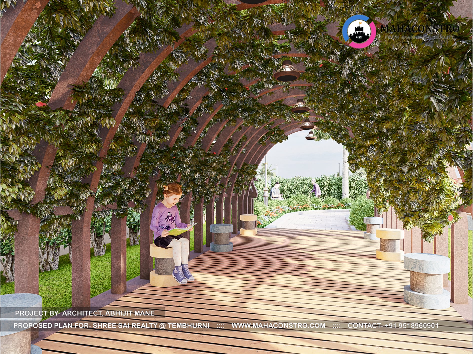 Landscape garden at Shree Sai Realty in Tembhurni, Solapur, featuring curved walkways, tropical planting, open lawns, and recreational spaces designed by Mahaconstro Architects.