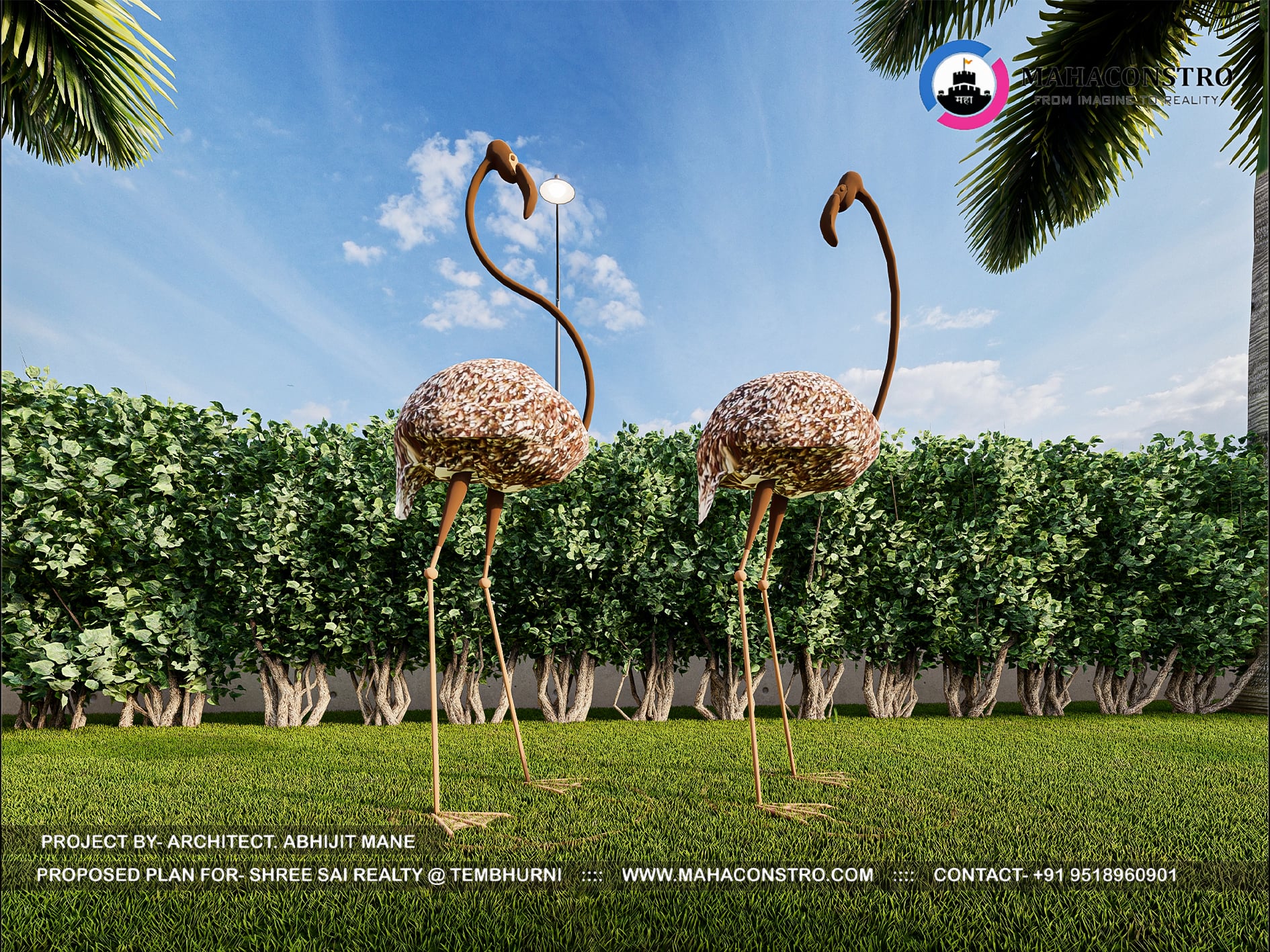 Landscape garden at Shree Sai Realty in Tembhurni, Solapur, featuring curved walkways, tropical planting, open lawns, and recreational spaces designed by Mahaconstro Architects.