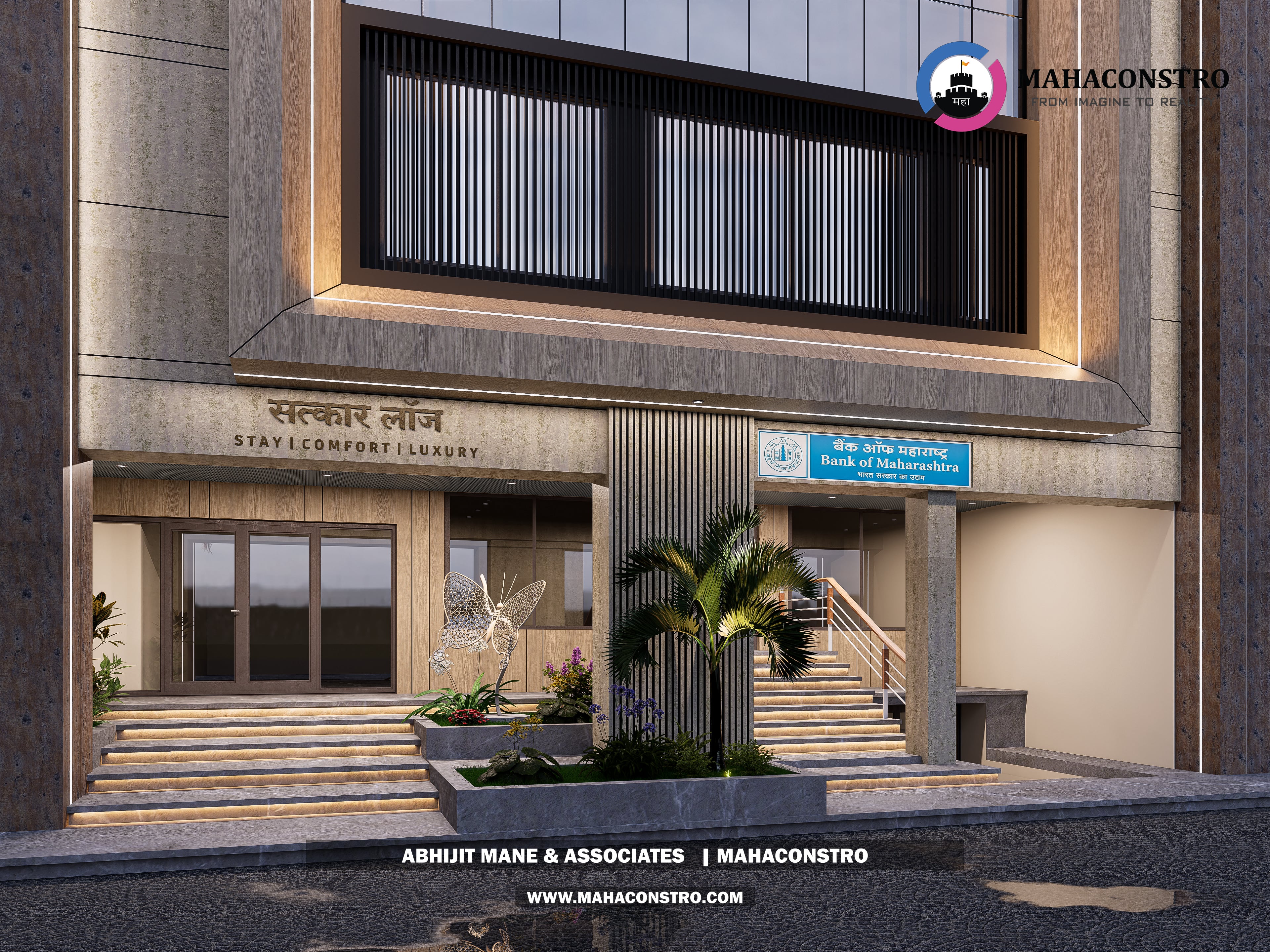 Contemporary luxury lodge architecture at Satkar Lodge in Tembhurni, Solapur, designed by Mahaconstro Architects